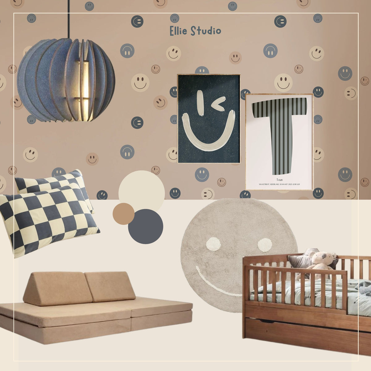 Kinderkamer inspiratie: een speelse jongenskamer met smileys en navy tinten