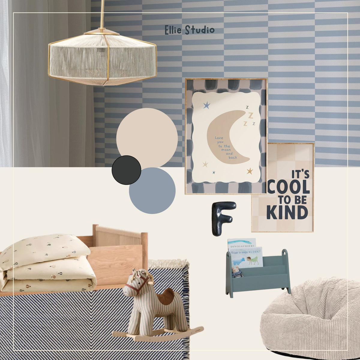 Kinderkamer inspiratie: Tijdloze jongenskamer met denimblauw behang en speelse posters