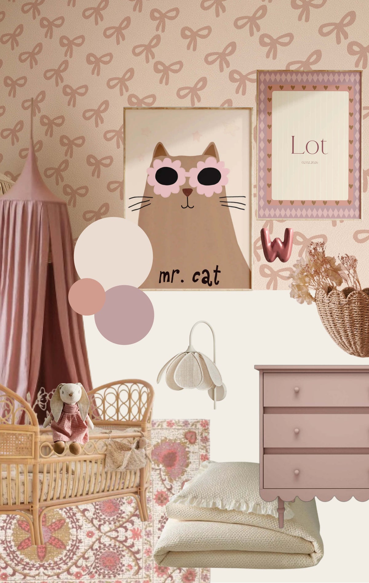Kinderkamerinspiratie: Strikjesbehang met beige kattenposter en naamposter