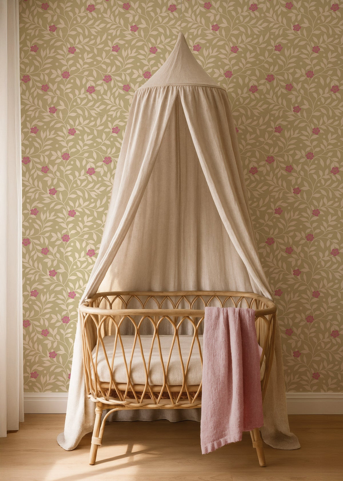 Rotan wieg met lichte hemel voor Tiny Blossom olive behang