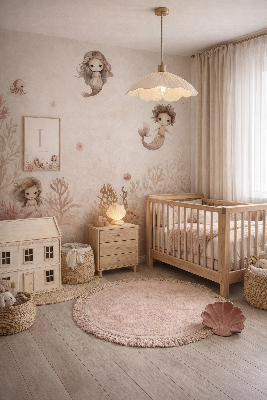 Dromerige meisjeskamer inspiratie met onderwaterbehang en zachte tinten