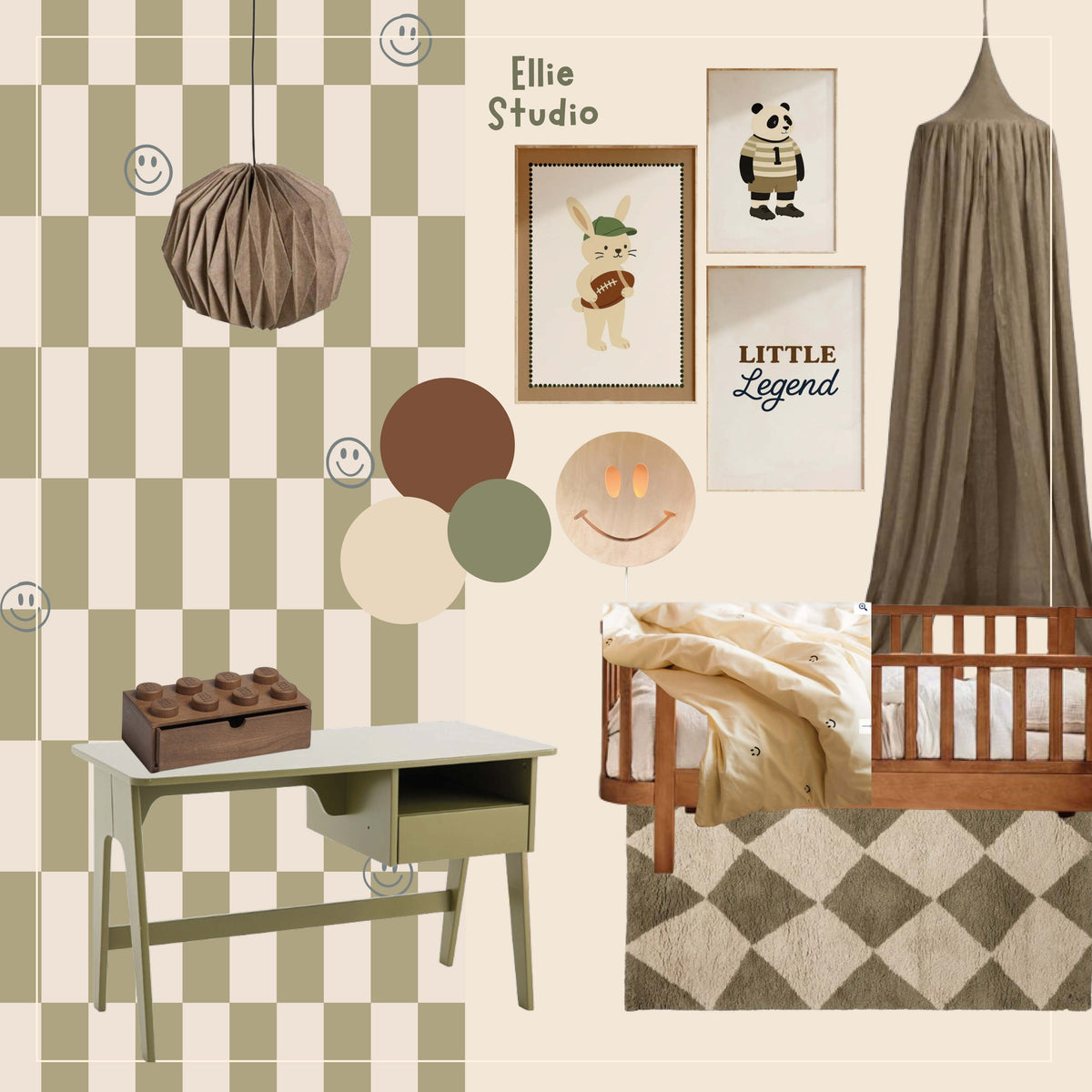 Moodboard jongenskamer met Lumi Smiles olive dust en sportposters