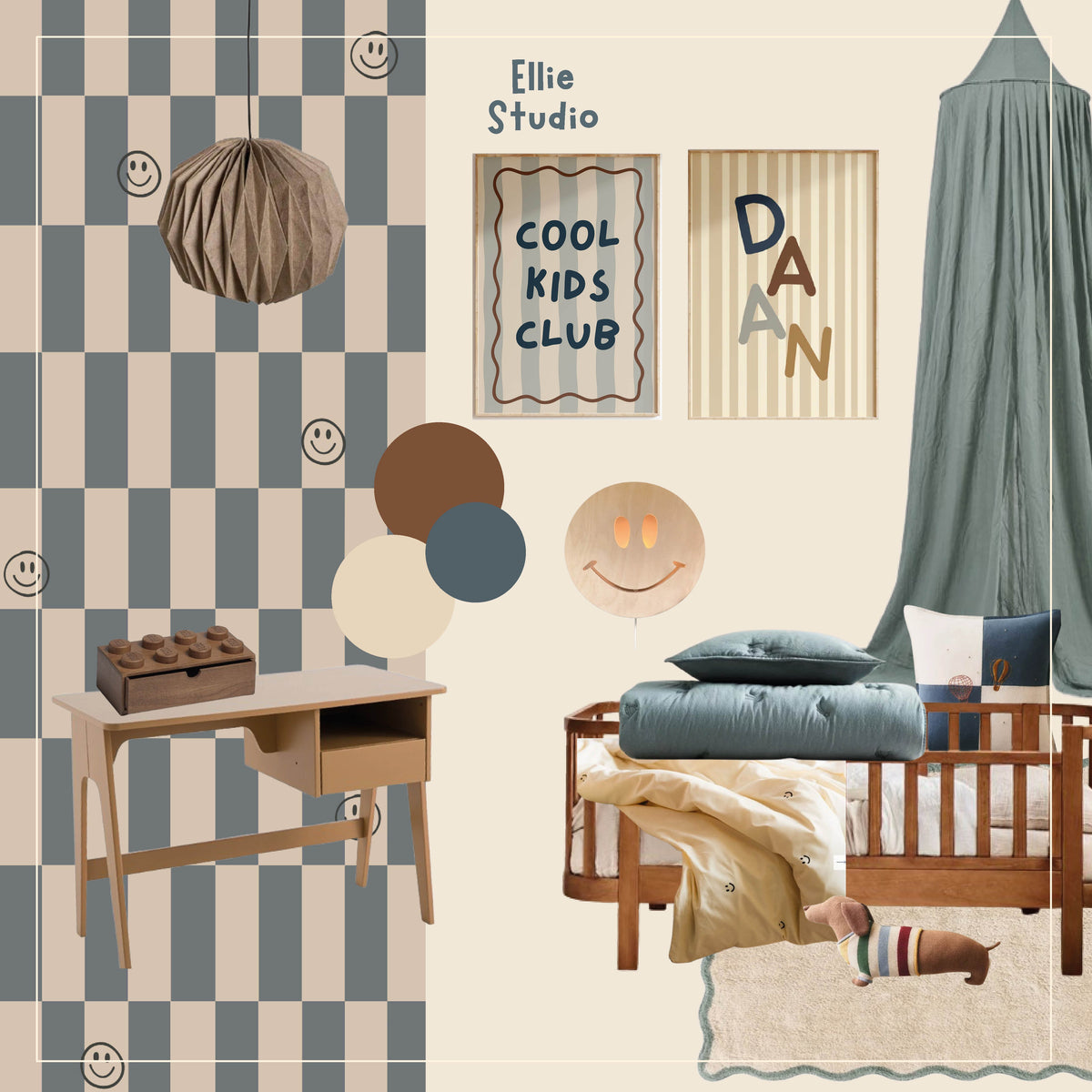 Moodboard jongenskamer met Lumi Smiles stormy blue en persoonlijke posters