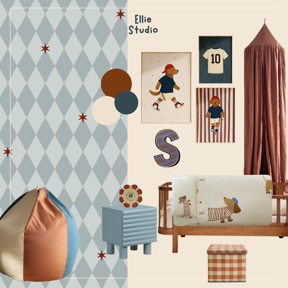 Moodboard jongenskamer met Wiebertje vintage blue en voetbalposters