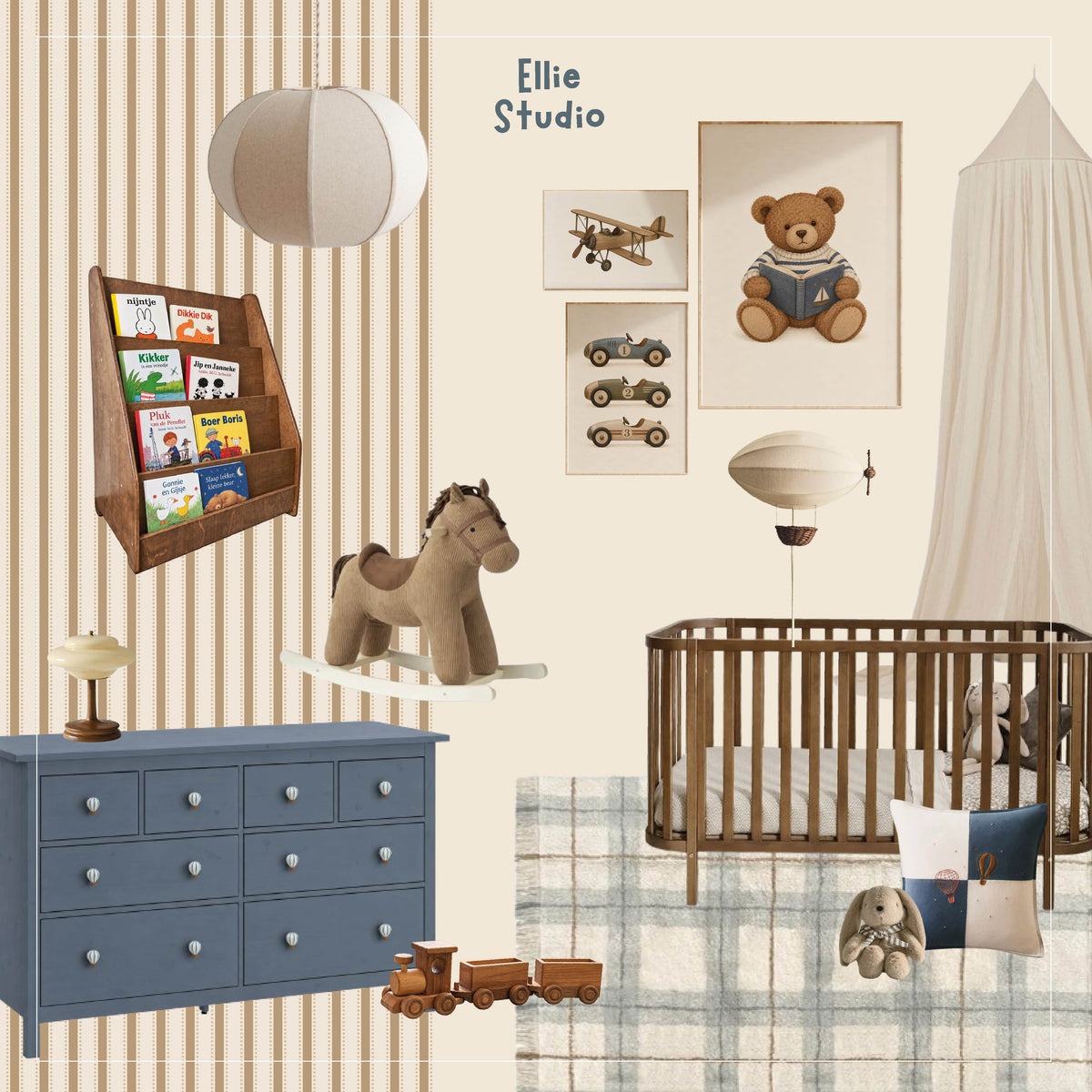 Moodboard voor een vintage babykamer met Dotted Stripes cashmere en posters met teddybeer, raceauto's en vliegtuig