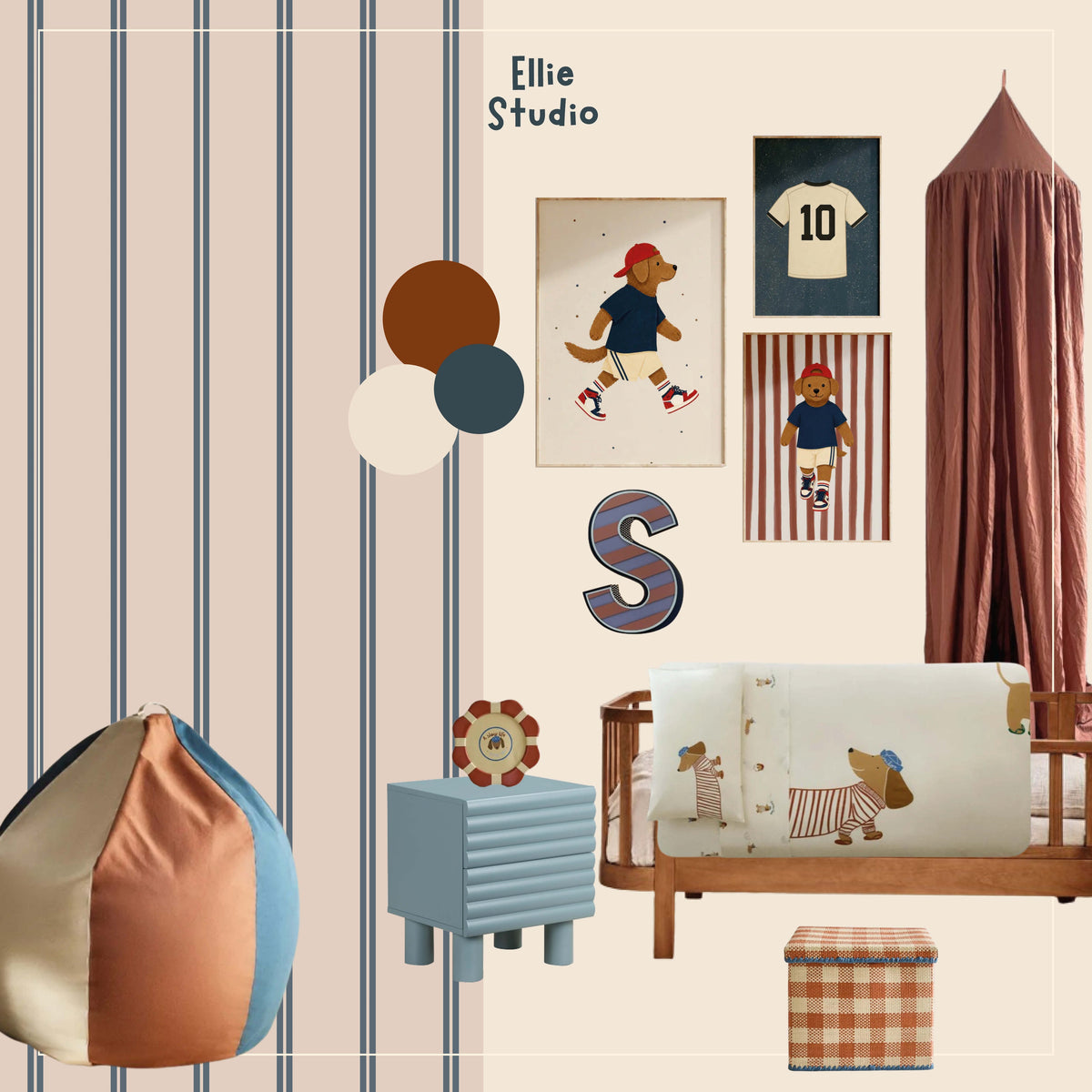 Moodboard jongenskamer met Twisty Twins royal blue behang en stoere hondenposters