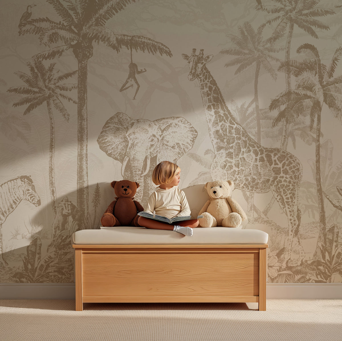 Kind met beren op een houten bankje voor Jungle bruin behang met giraf en olifant