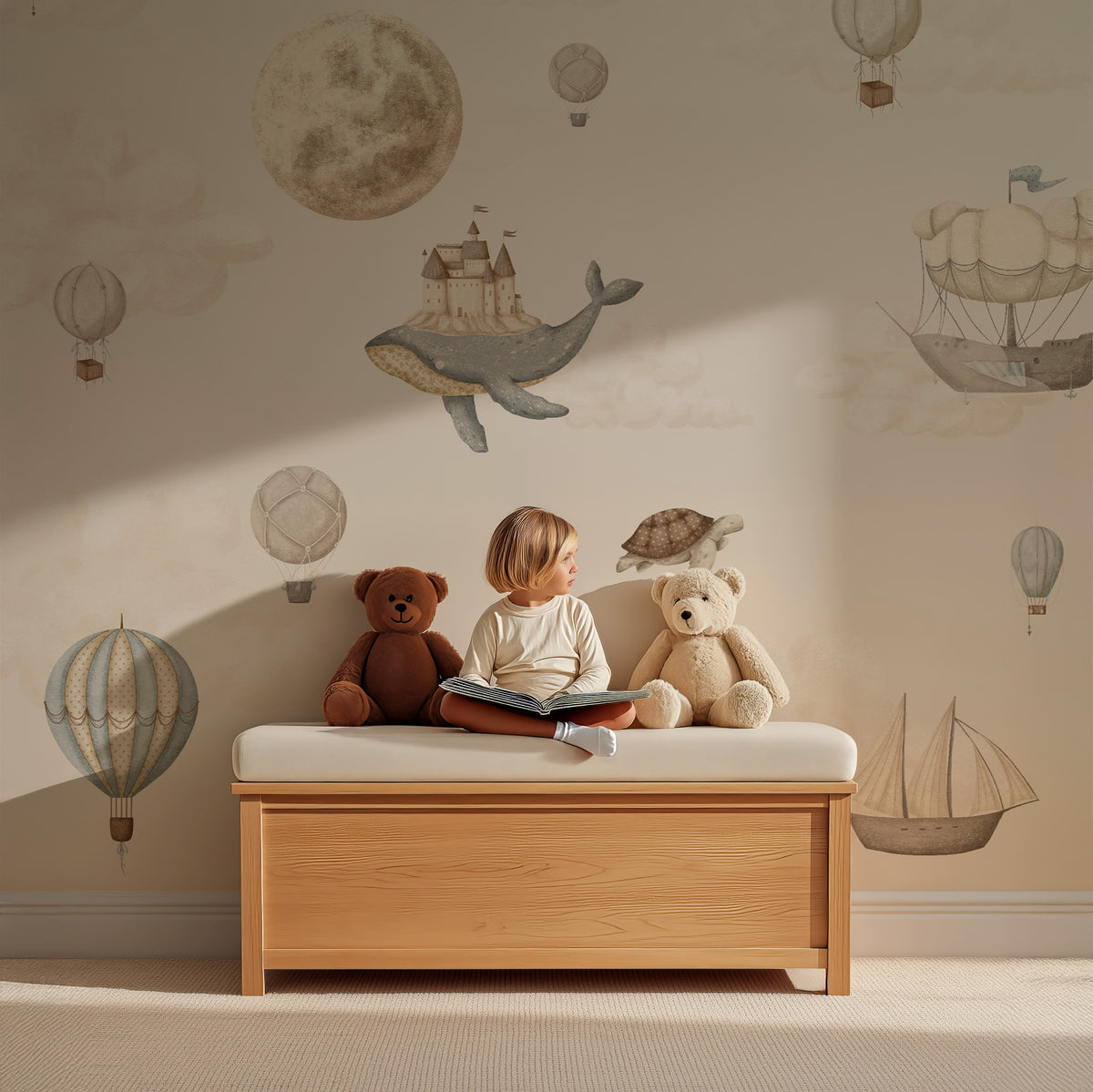 Kind op een houten bankje voor Memories of Dreams behang met maan en vliegende walvissen