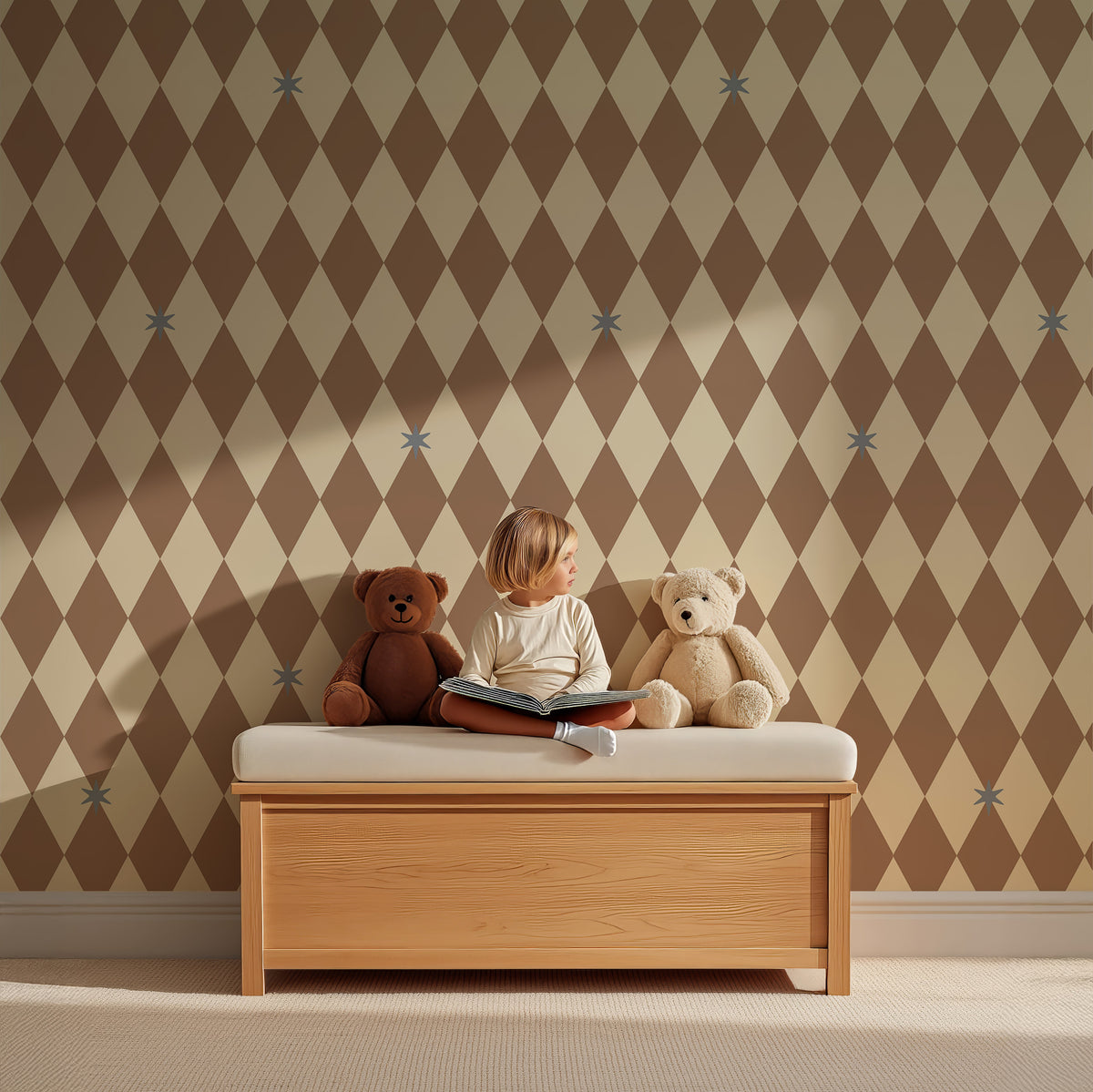Kind tussen beren op een houten bank voor Wiebertje warm oat stars behang