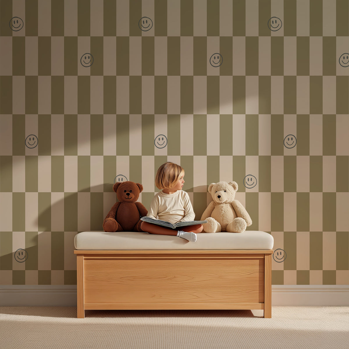 Lumi Smiles - olive dust behang van ELLIE Studio in een sfeervolle kinderkamer