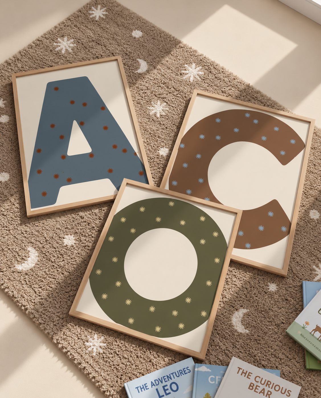 Drie gepersonaliseerde Letterposter Stars ontwerpen in bruin, groen en blauw