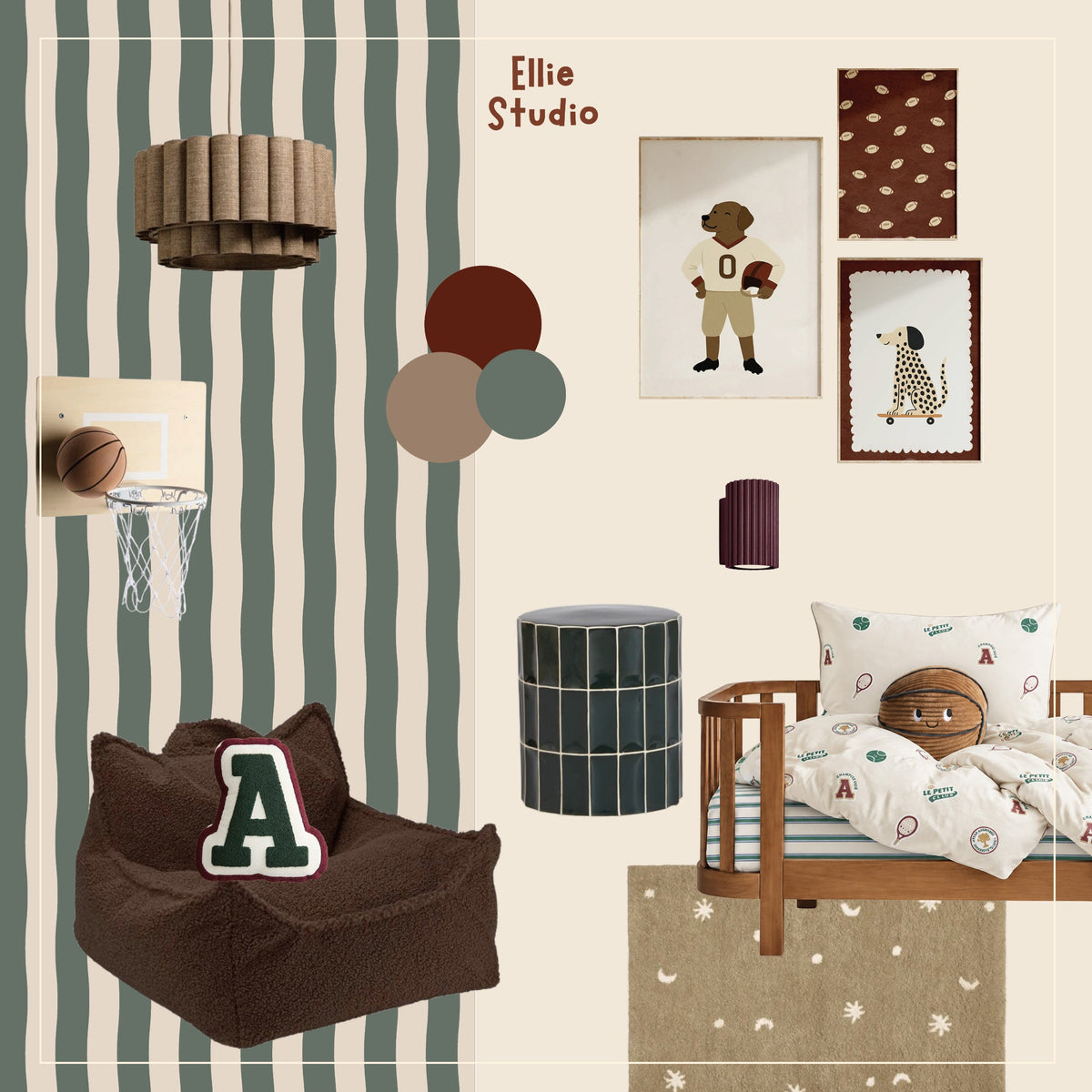 Moodboard met Wavy Stripes forest green, crème, roestbruin en drie sportieve dieren- en patroonposters.