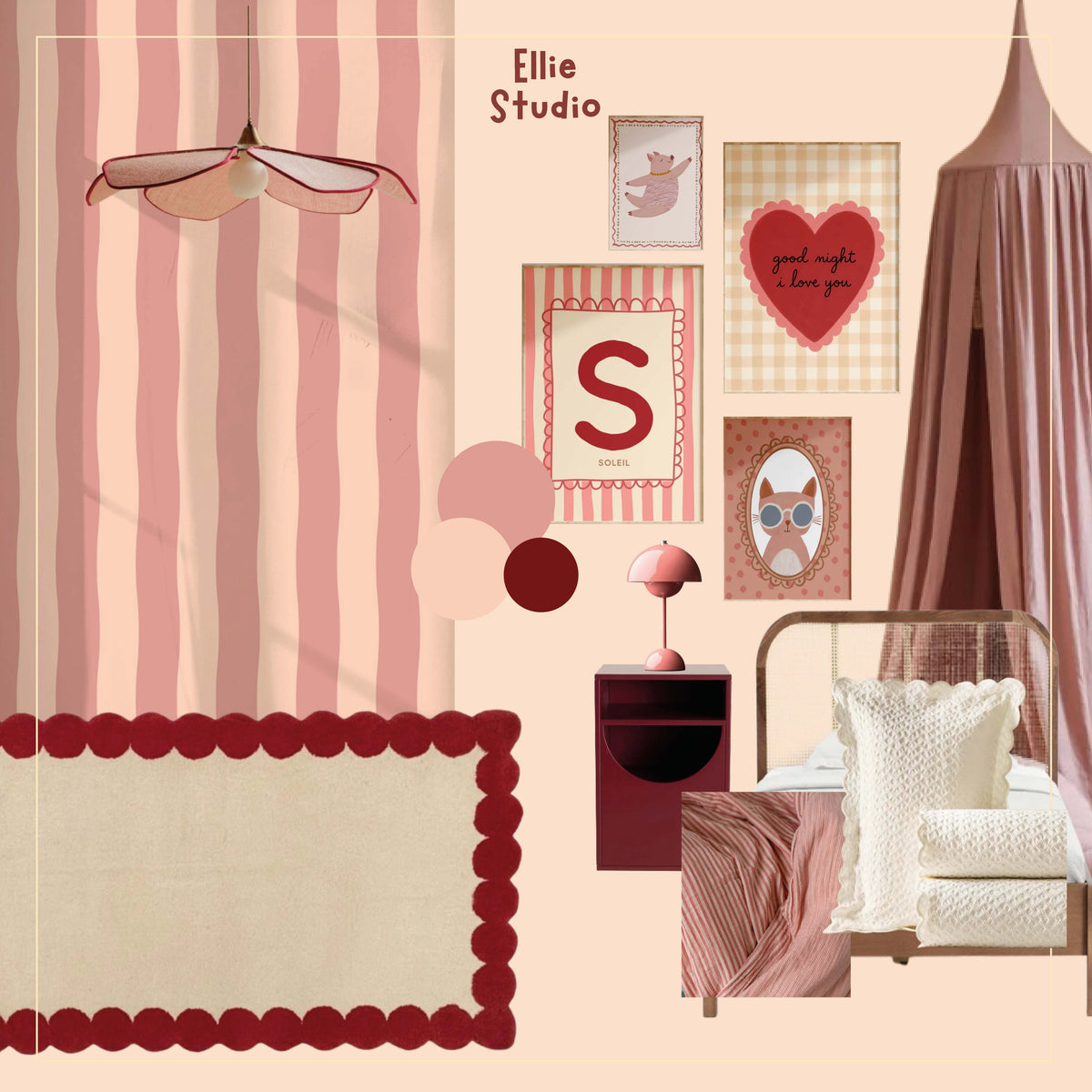 Moodboard voor een warme meisjeskamer met Wavy Stripes peach pink en rode posteraccenten