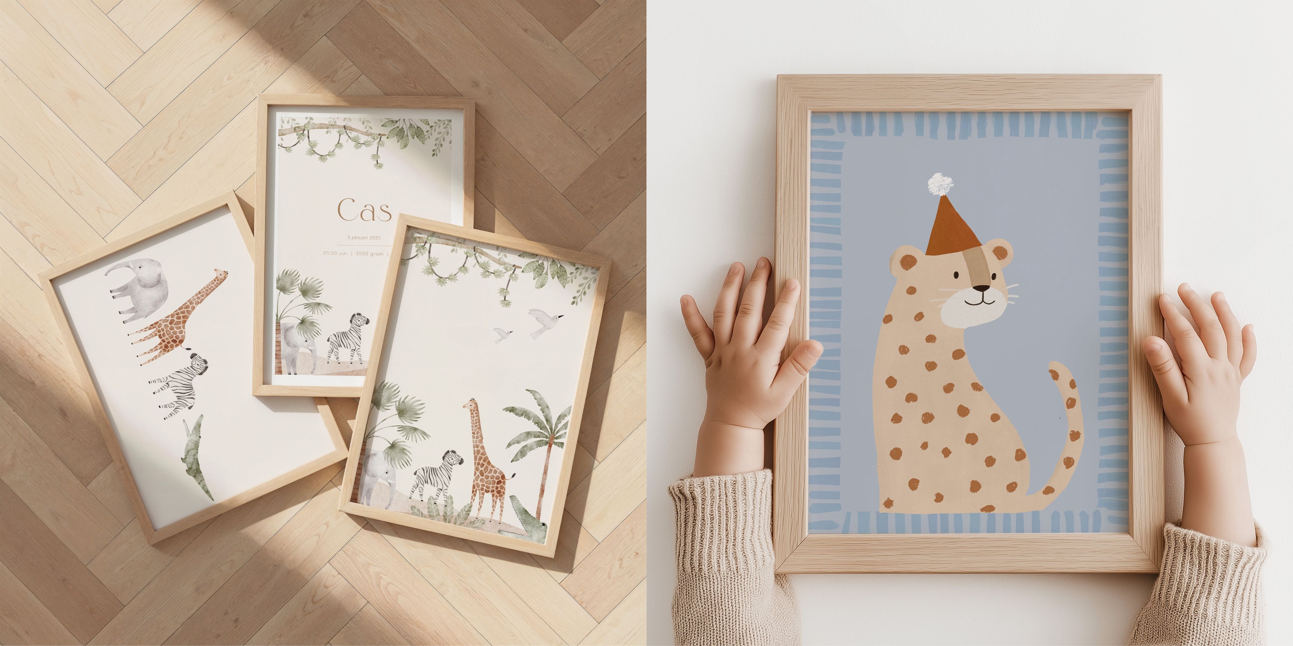 Jungle posters voor de kinderkamer met giraffe, zebra en olifant in zachte kleuren.