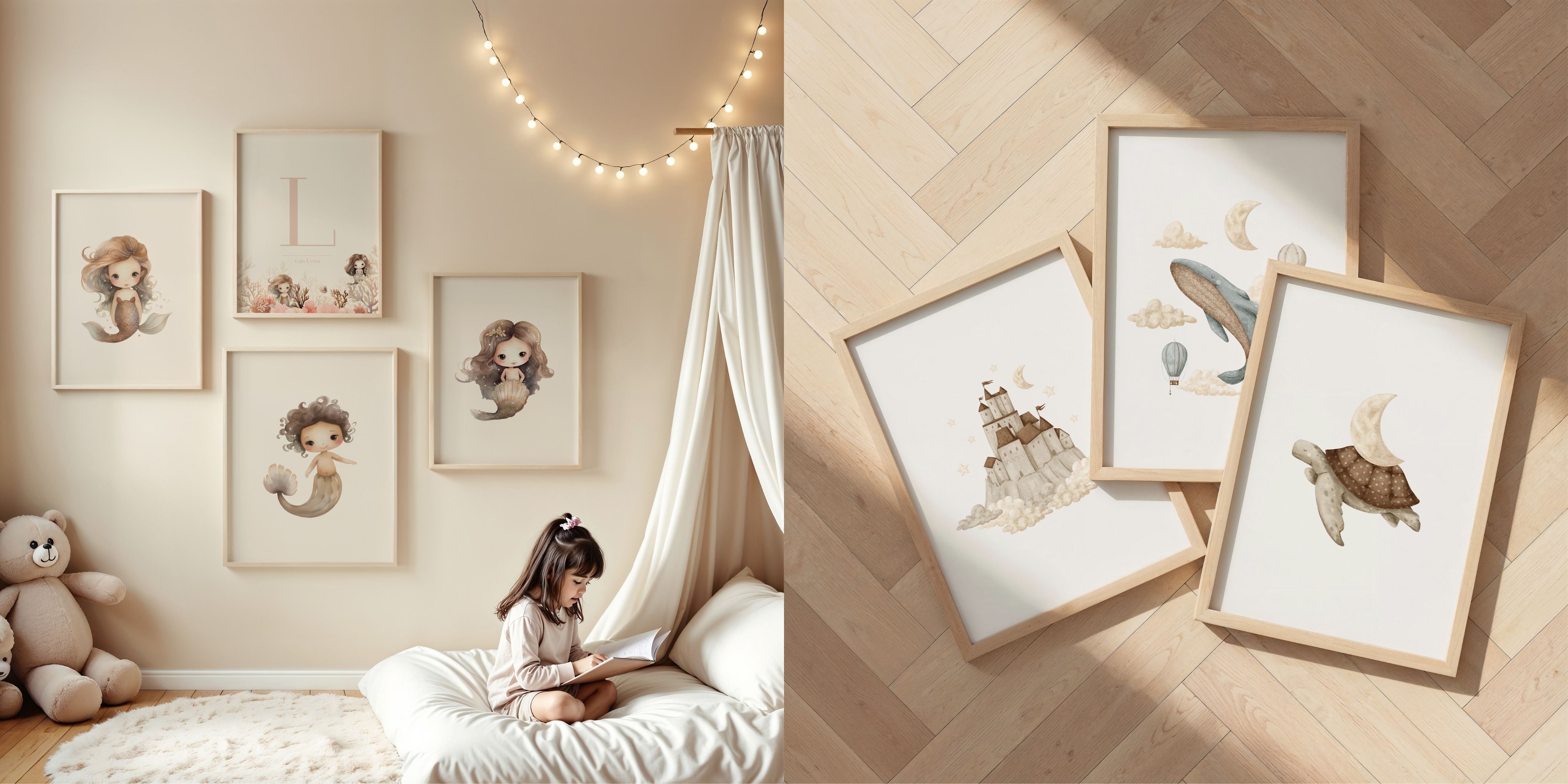 Zeemeermin en zeedieren posters kinderkamer in neutrale kleuren.