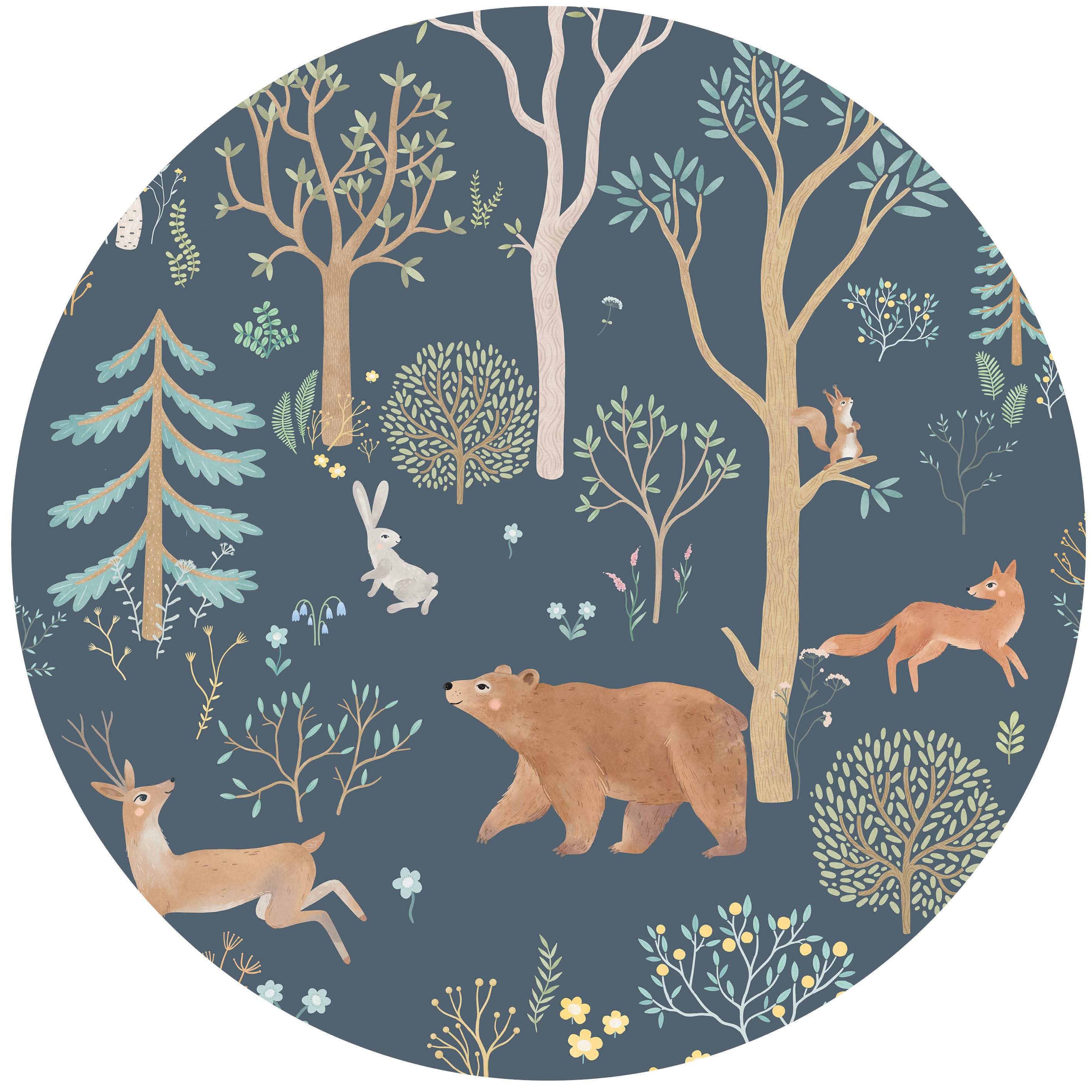 Behangcirkel - Dieren in het bos | blauw