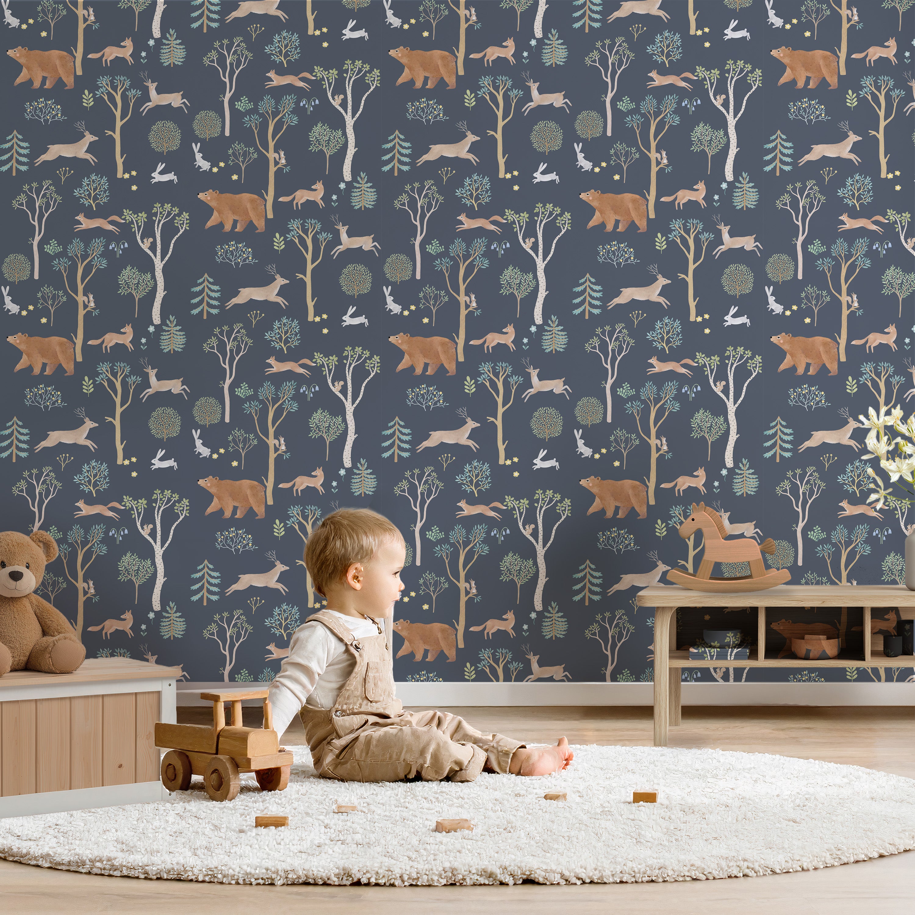 Behang Bosvriendjes - blauw