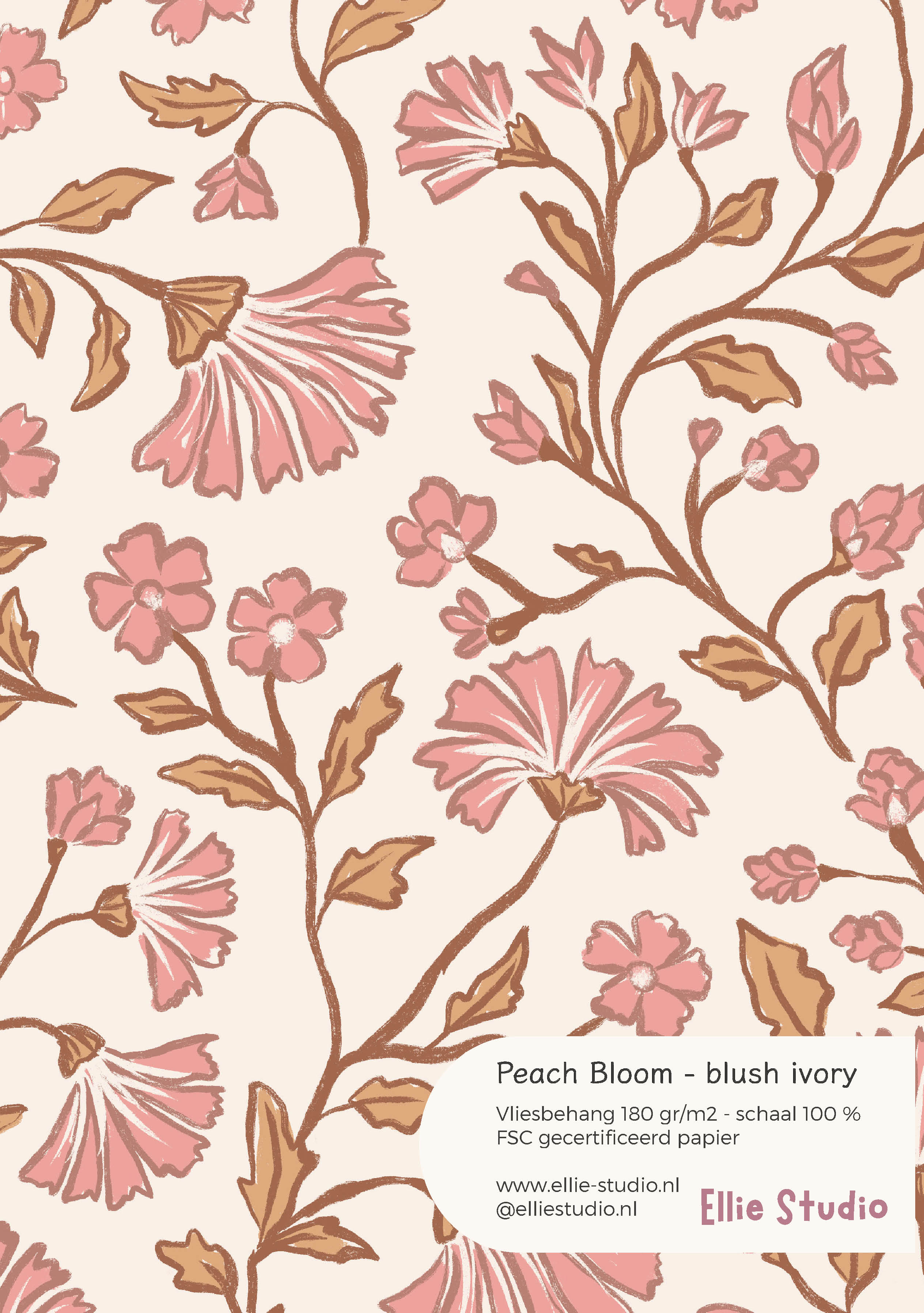 Behangstaal Peach Bloom blush ivory met roze bloemen en camelbruine bladeren