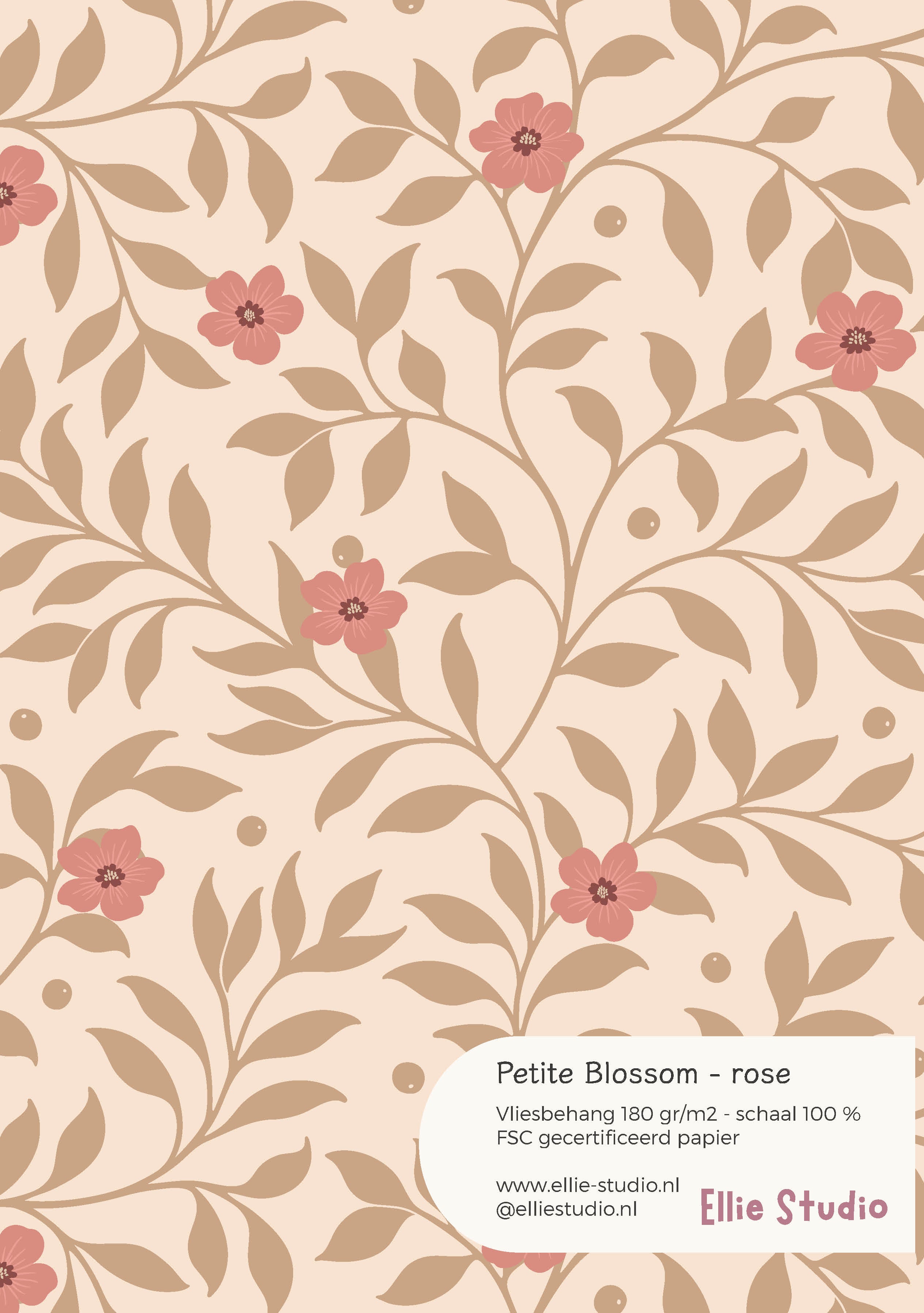 Behangstaal Petite Blossom rose met beige bladeren en roze bloemen