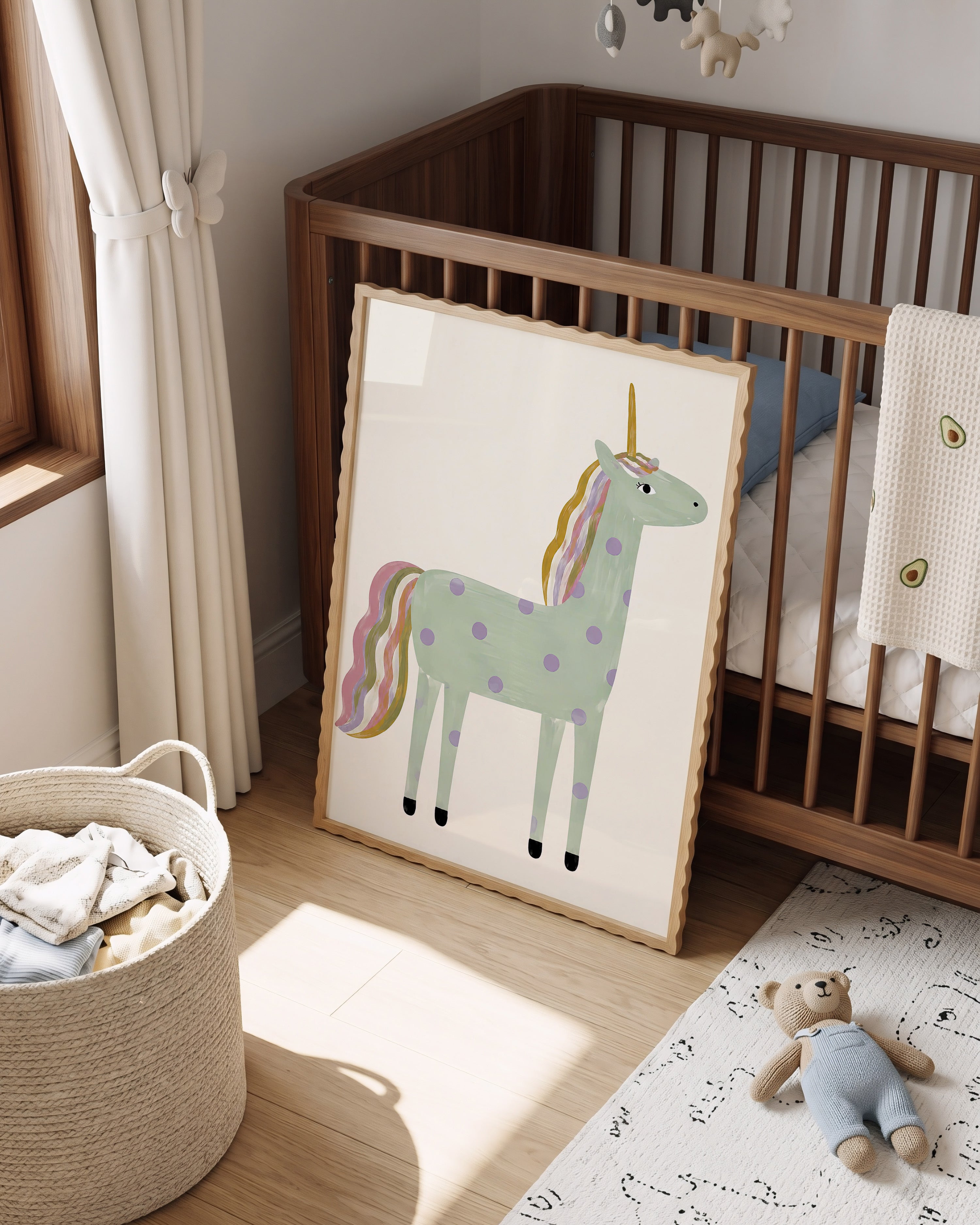 Unicorn poster met mintgroene eenhoorn, lila stippen en kleurrijke manen