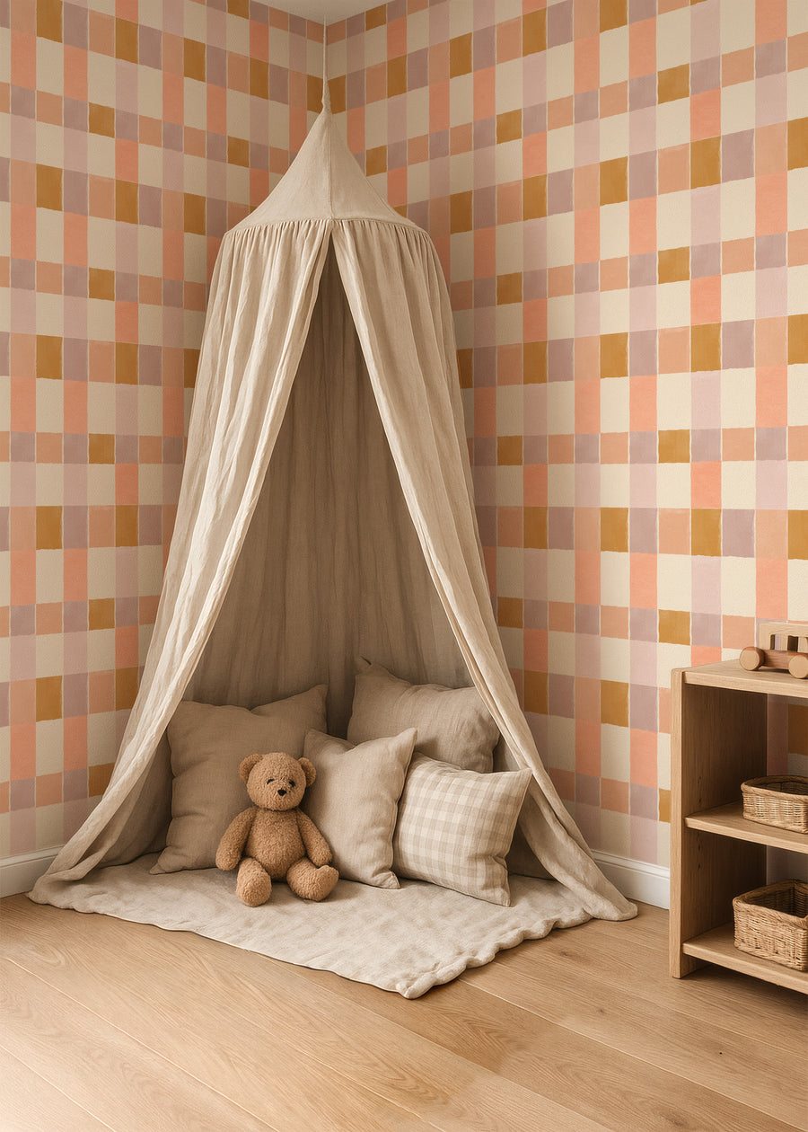 Hemelbed in kinderkamer met behang Tegeltje Tegeltje lila