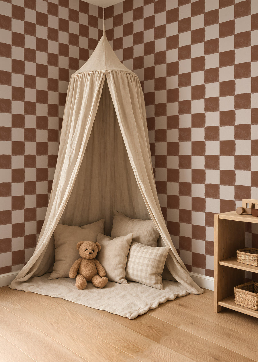 Kinderkamer met Behang Ruitje Ruitje - chocolade op de wand
