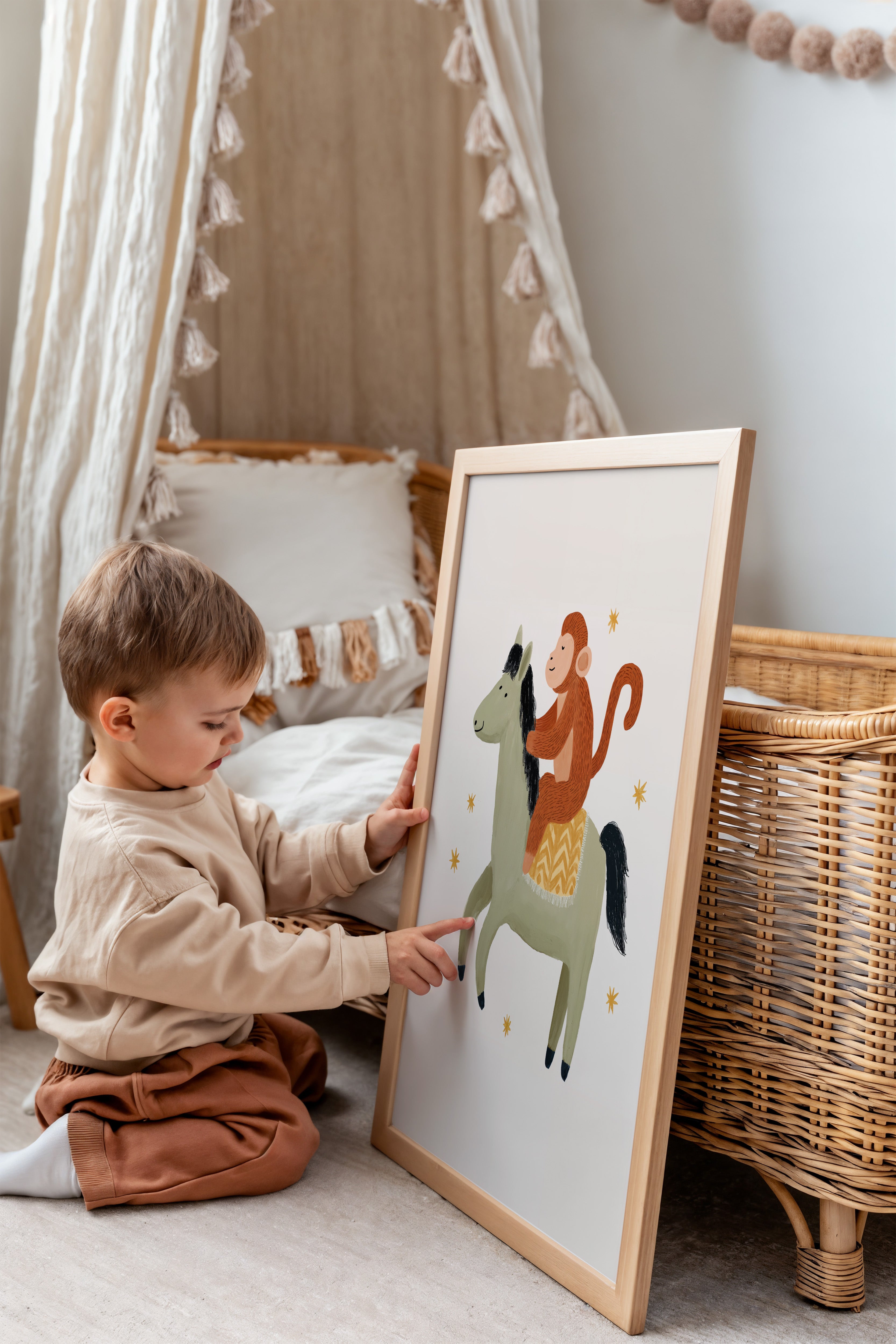 Children's room print - Monkey on horse