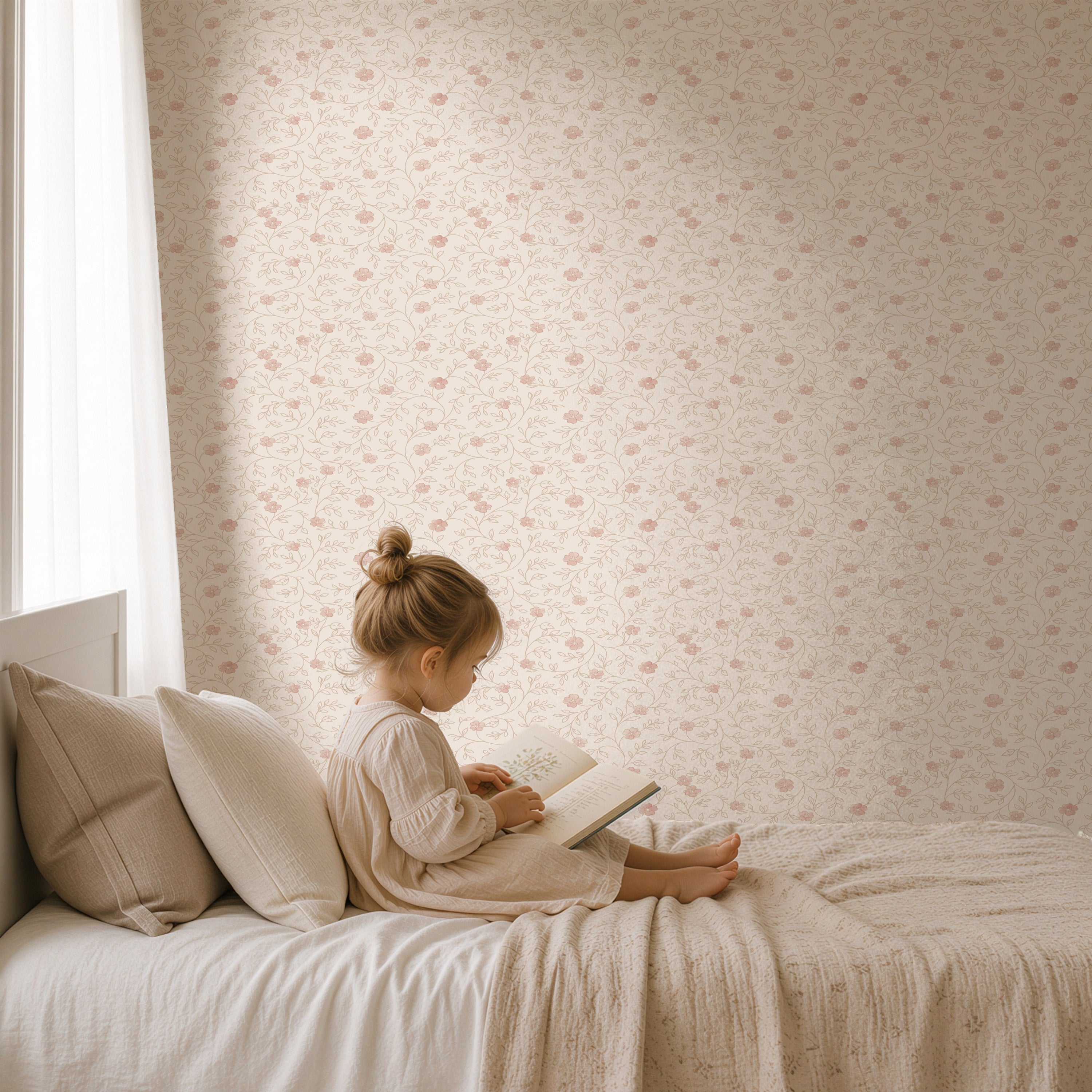 Meisje met boek op bed in kinderkamer met Blossom Vine heather bloemenbehang