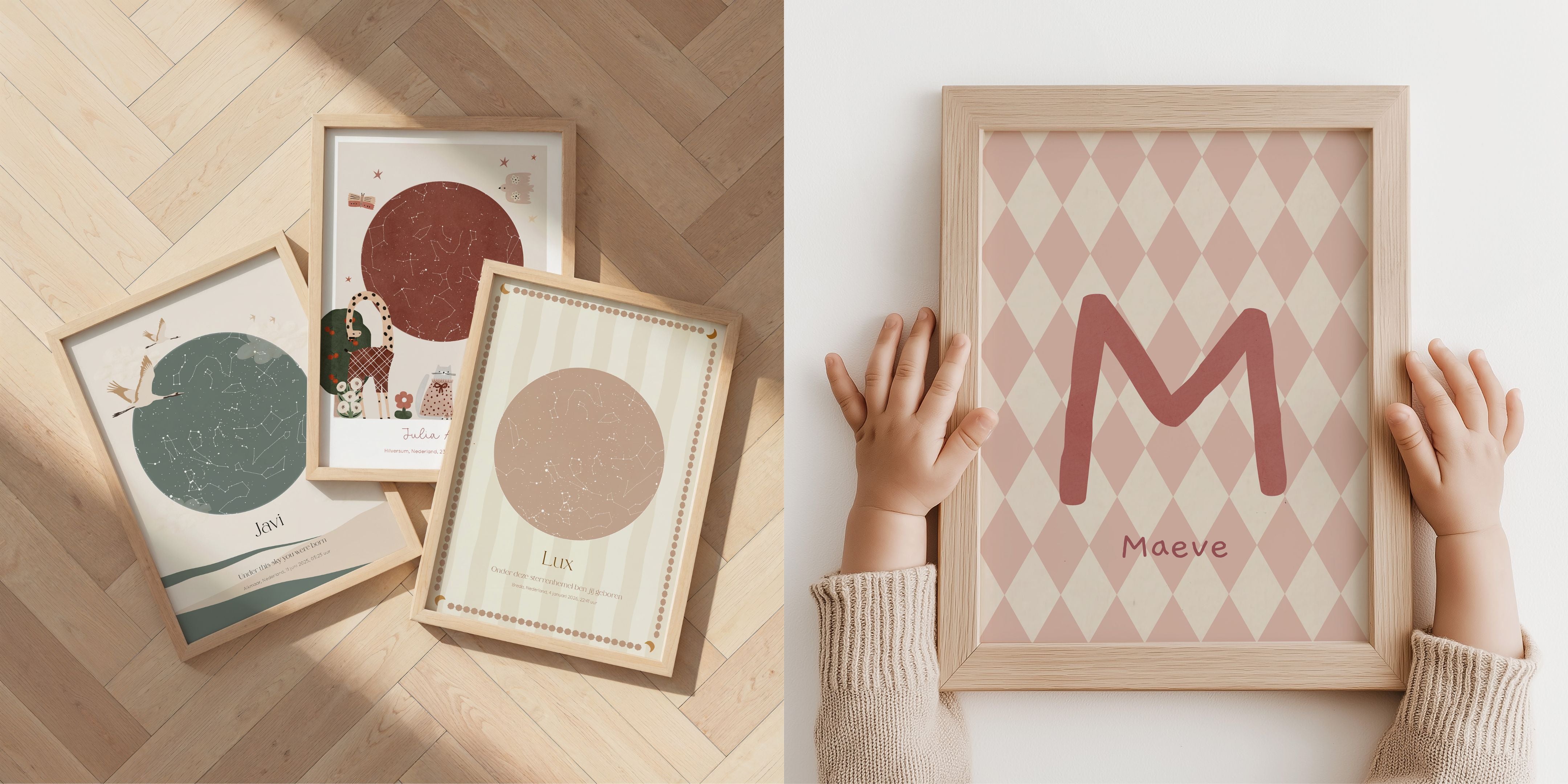 Gepersonaliseerde posters met sterrenhemel en initiaal in zachte tinten, ingelijst en geschikt voor een rustige baby of kinderkamer.