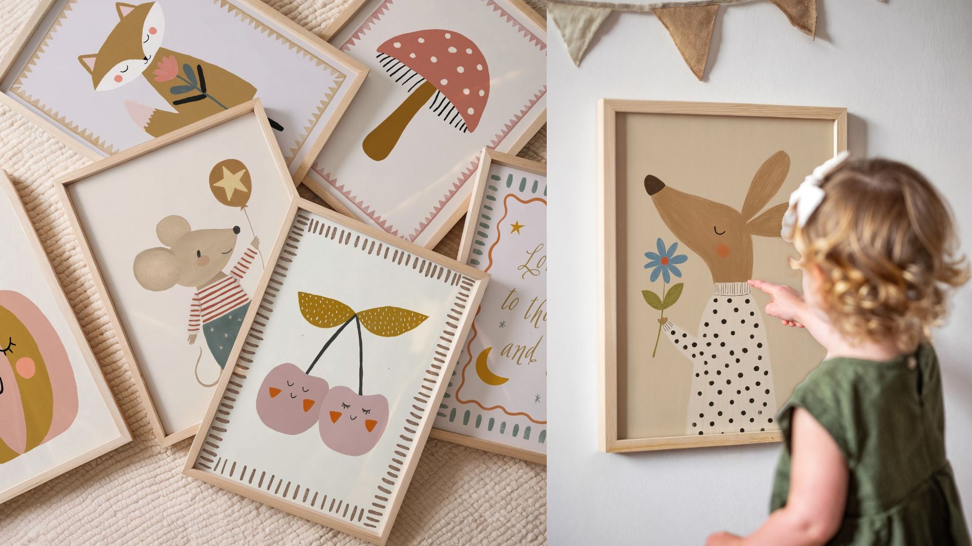 Collectie speelse dieren en illustratie posters in zachte kleuren, ingelijst en perfect voor een vrolijke kinderkamer.