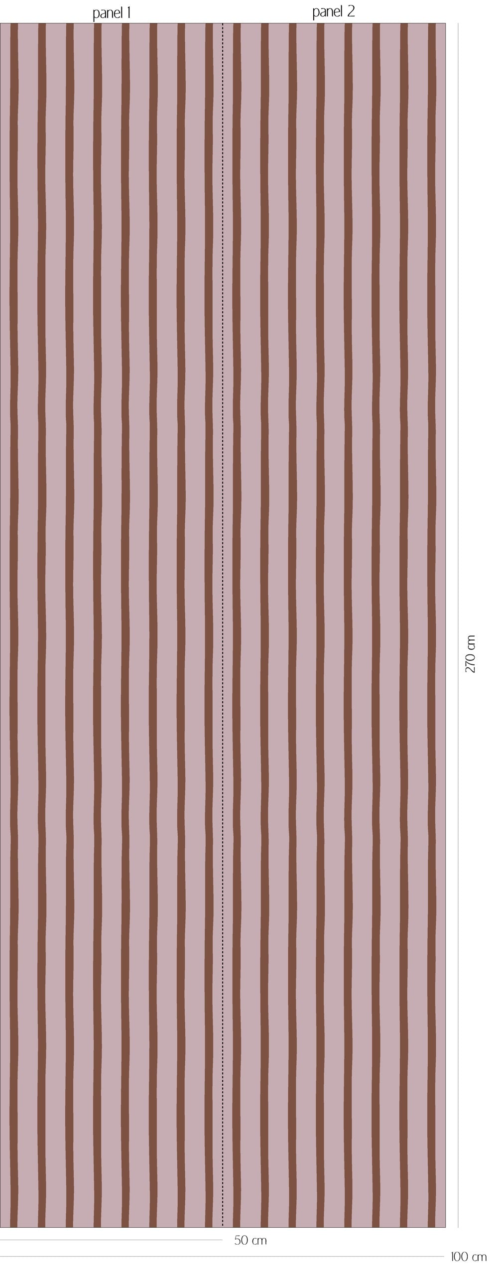 Patroonoverzicht van Flow Stripes - lilac cacao behang met fijne, licht golvende verticale strepen in vergrijsd lila en warm cacaobruin