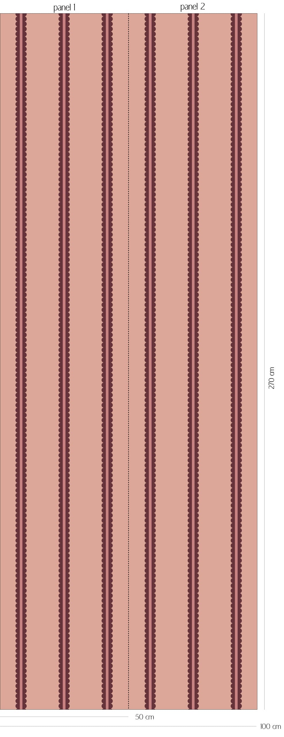 Patroonoverzicht van Scalloped Twins - blush rouge behang met dubbele verticale strepen met geschulpte randen in blushroze en diepe roodtinten