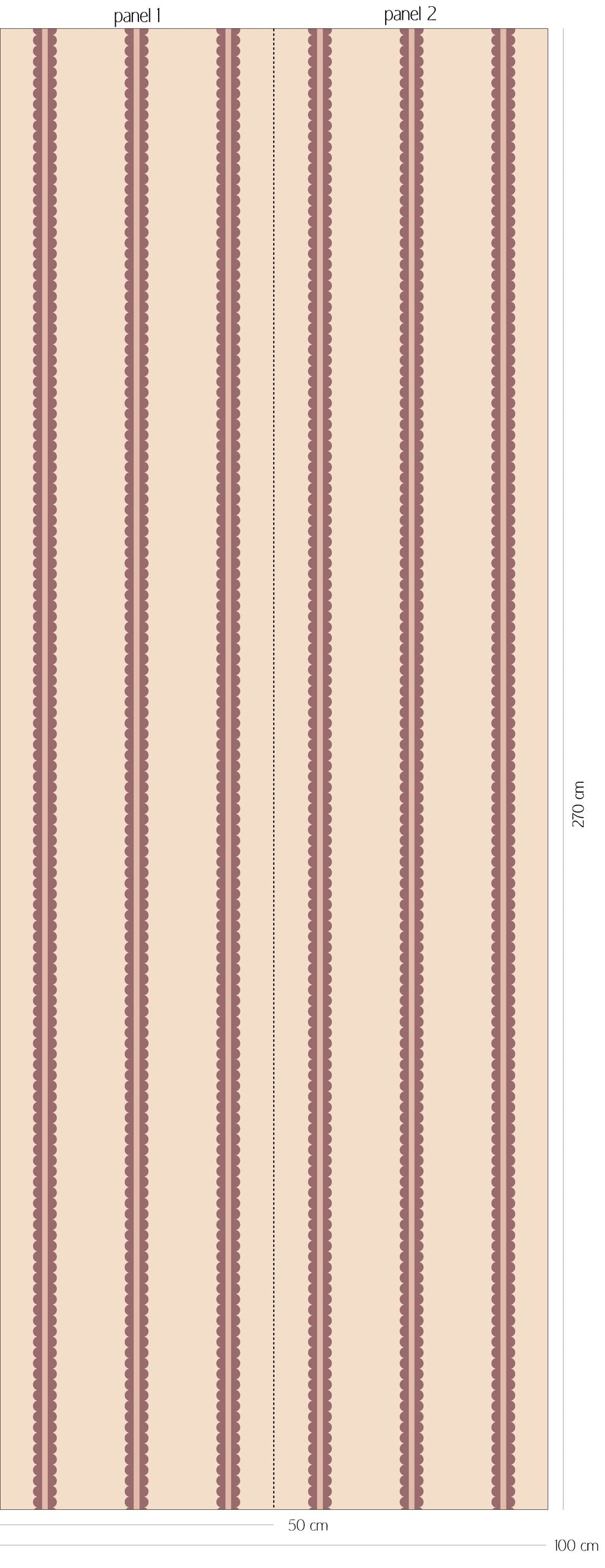 Patroonoverzicht van Scalloped Twins - soft plum behang met dubbele verticale strepen met geschulpte randen in licht crème en zacht pruimroze