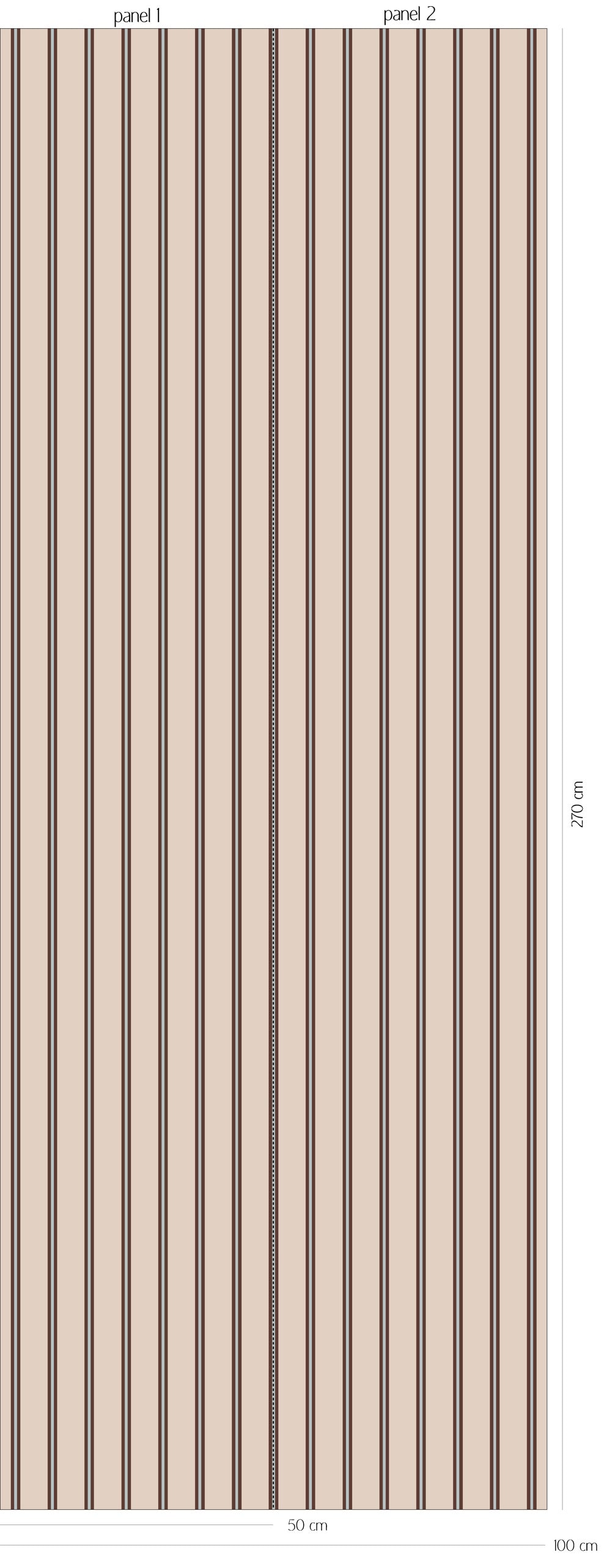 Patroonoverzicht van Twin Stripes - mocca mist behang met fijne dubbele verticale strepen in licht beige, moccabruin en gedempt grijsgroen