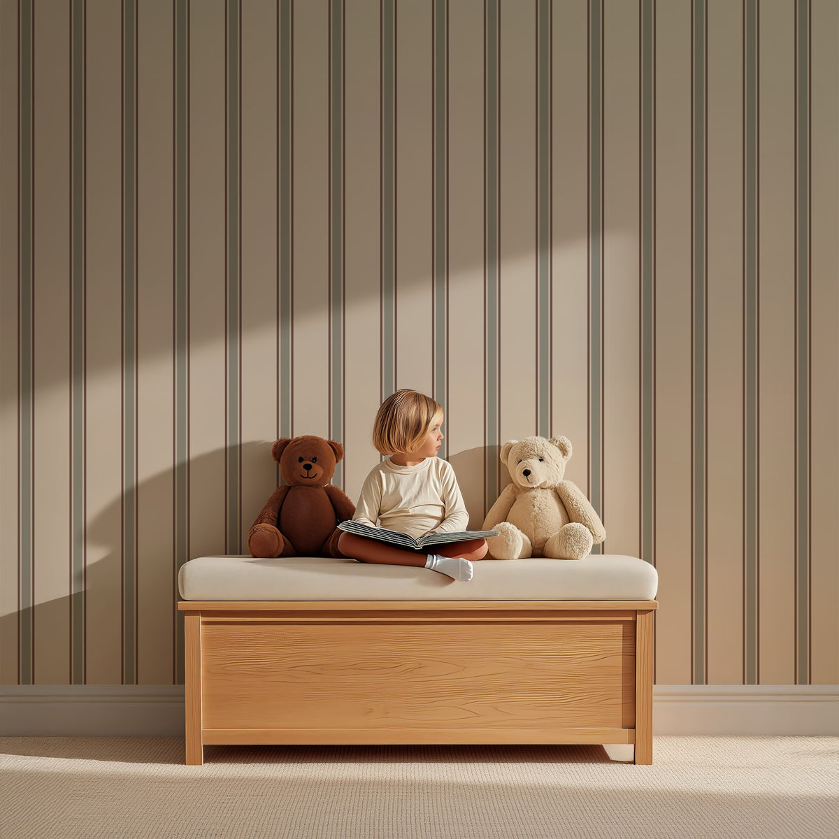 Vintage Stripes - dusty sage behang als achtergrond bij een kind op een leesbankje met knuffelberen