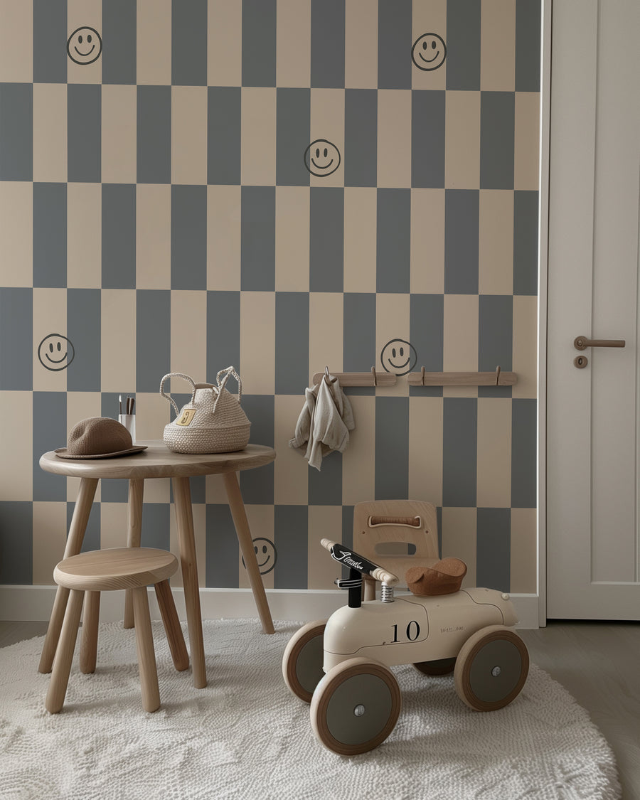 Kinderkamer met Behang Lumi Smiles - stormy blue op de wand