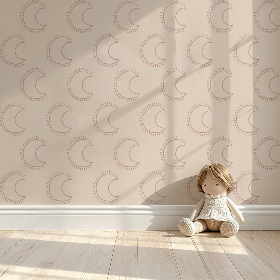 Meisjeskamer met Moon dawn behang en een zachte knuffelpop