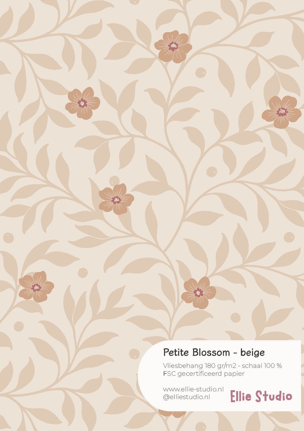 A4 behangstaal Petite Blossom - beige met beige takken en bladeren en kleine abrikooskleurige bloemen op een lichte achtergrond