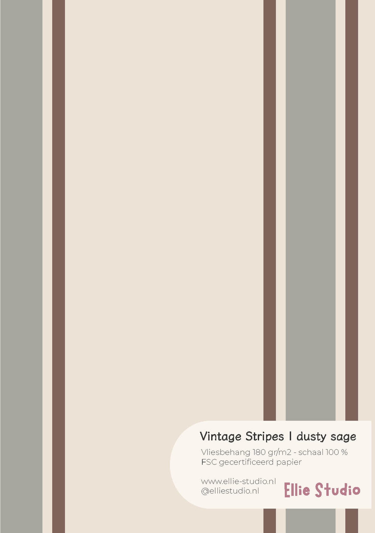 A4 behangstaal Vintage Stripes - dusty sage van ELLIE Studio: licht beige met strepen in grijsgroen en bruin