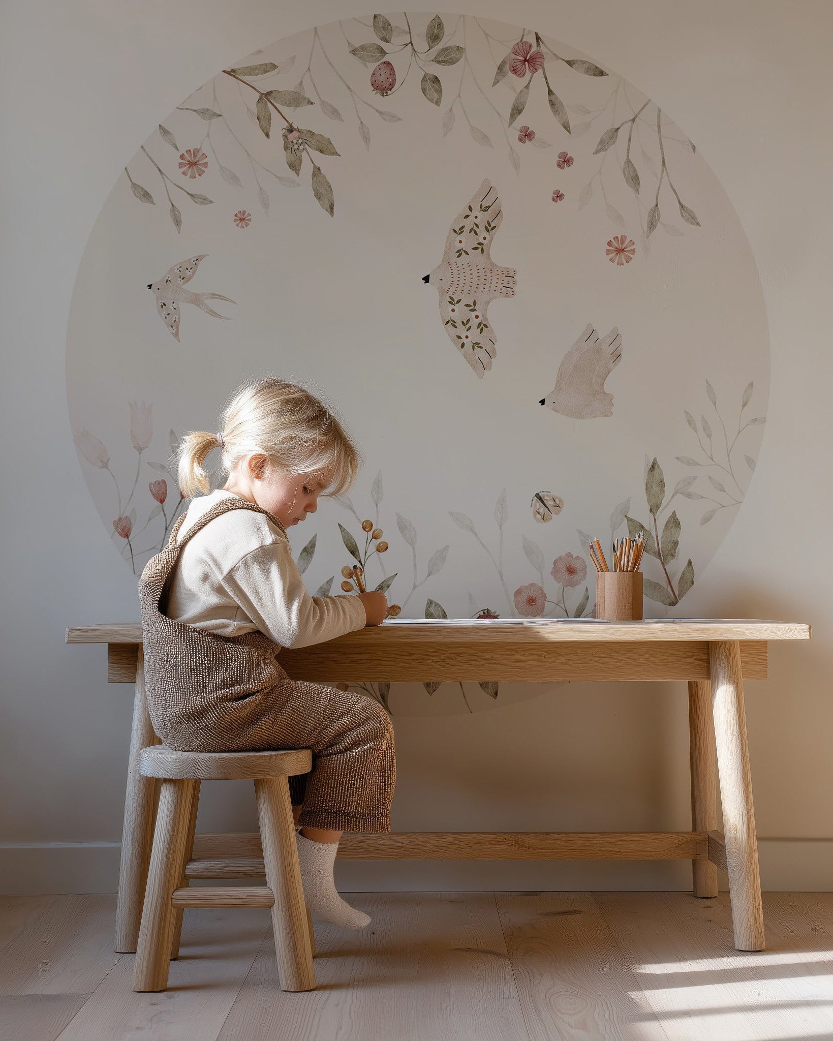 Ronde muursticker met vogels en bloemen in zachte natuurtinten, gecombineerd met een houten bureau in een serene kinderkamer.