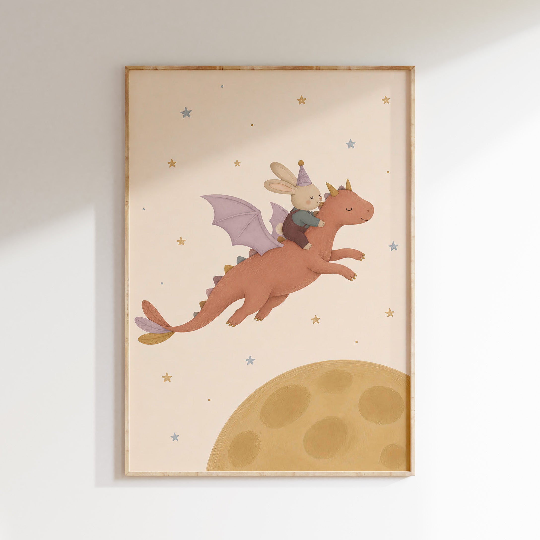 Drakenposter met lief konijn, gouden maan en sterren voor de kinderkamer