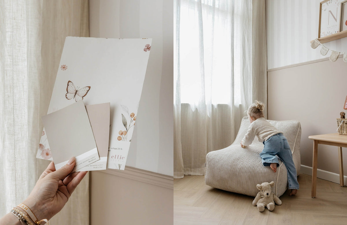 Behangstalen en een kind in een lichte kinderkamer
