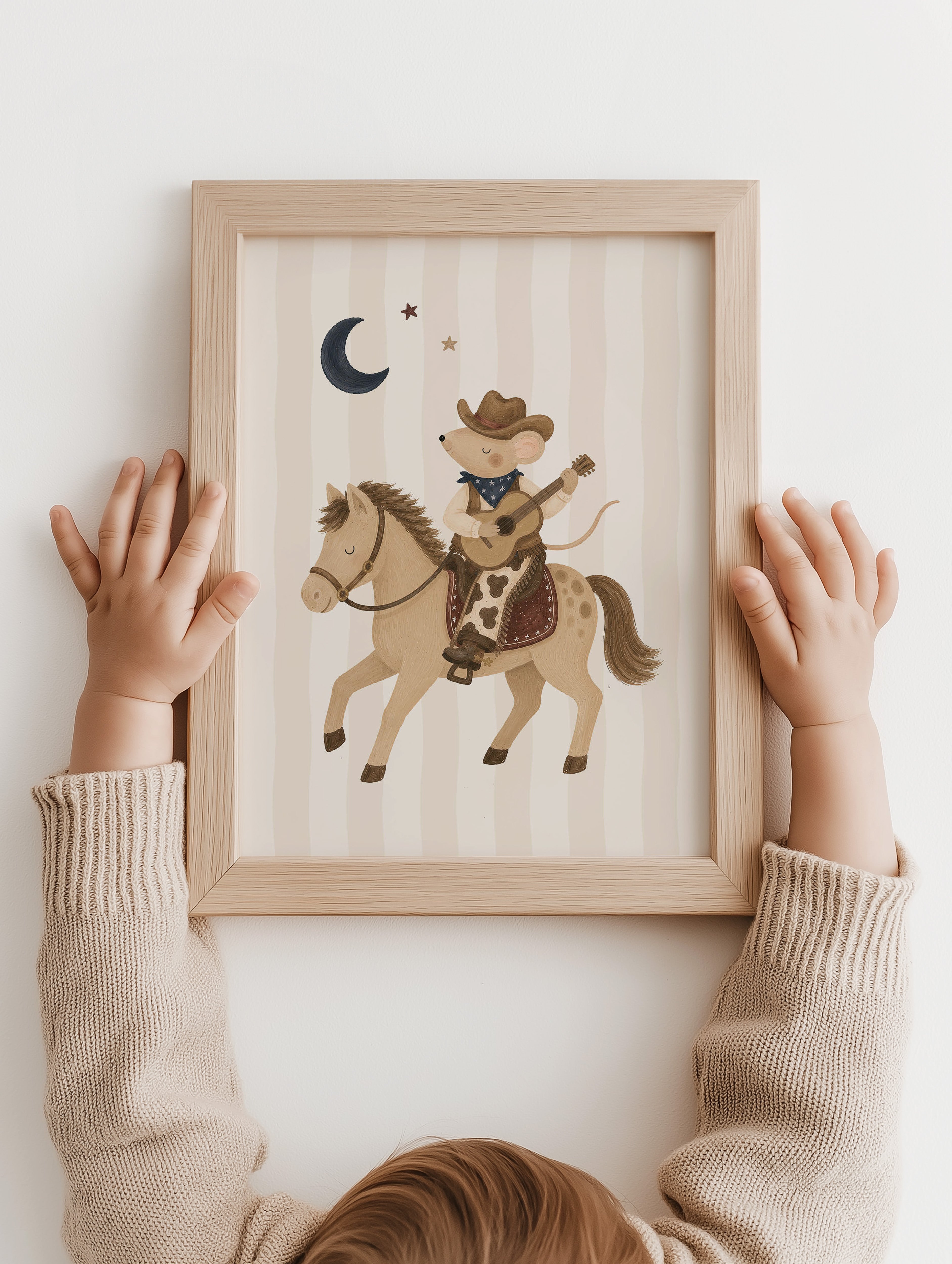 Kinderkamer poster - Cowboy muis met gitaar op paard