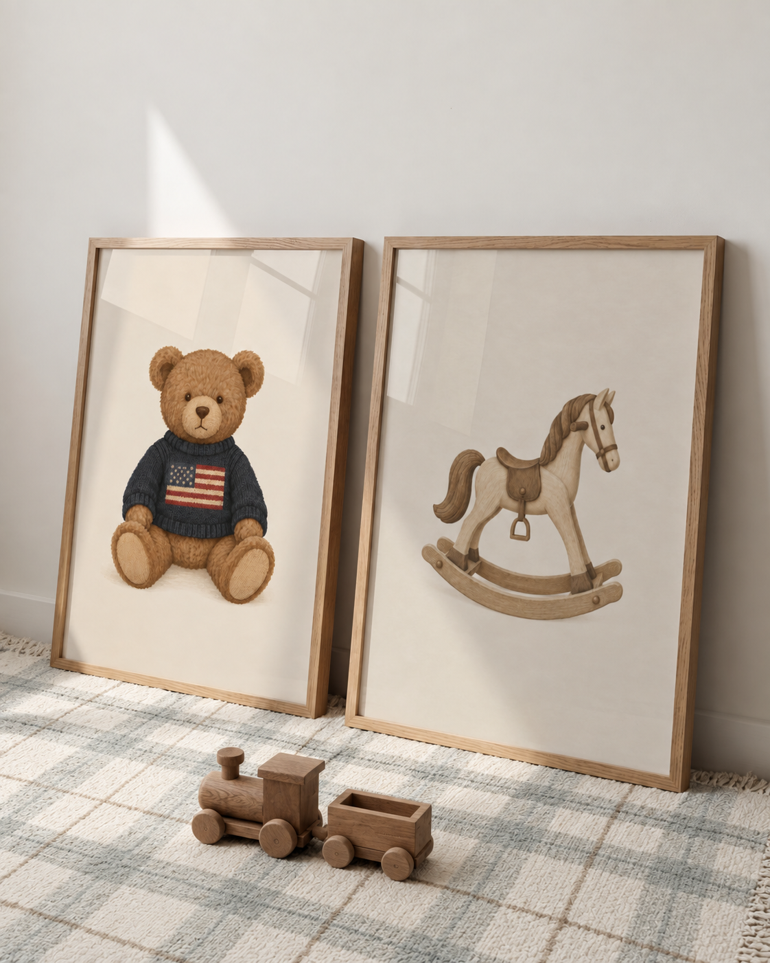 Vintage Rocking Horse poster gestyled in een jongenskamer