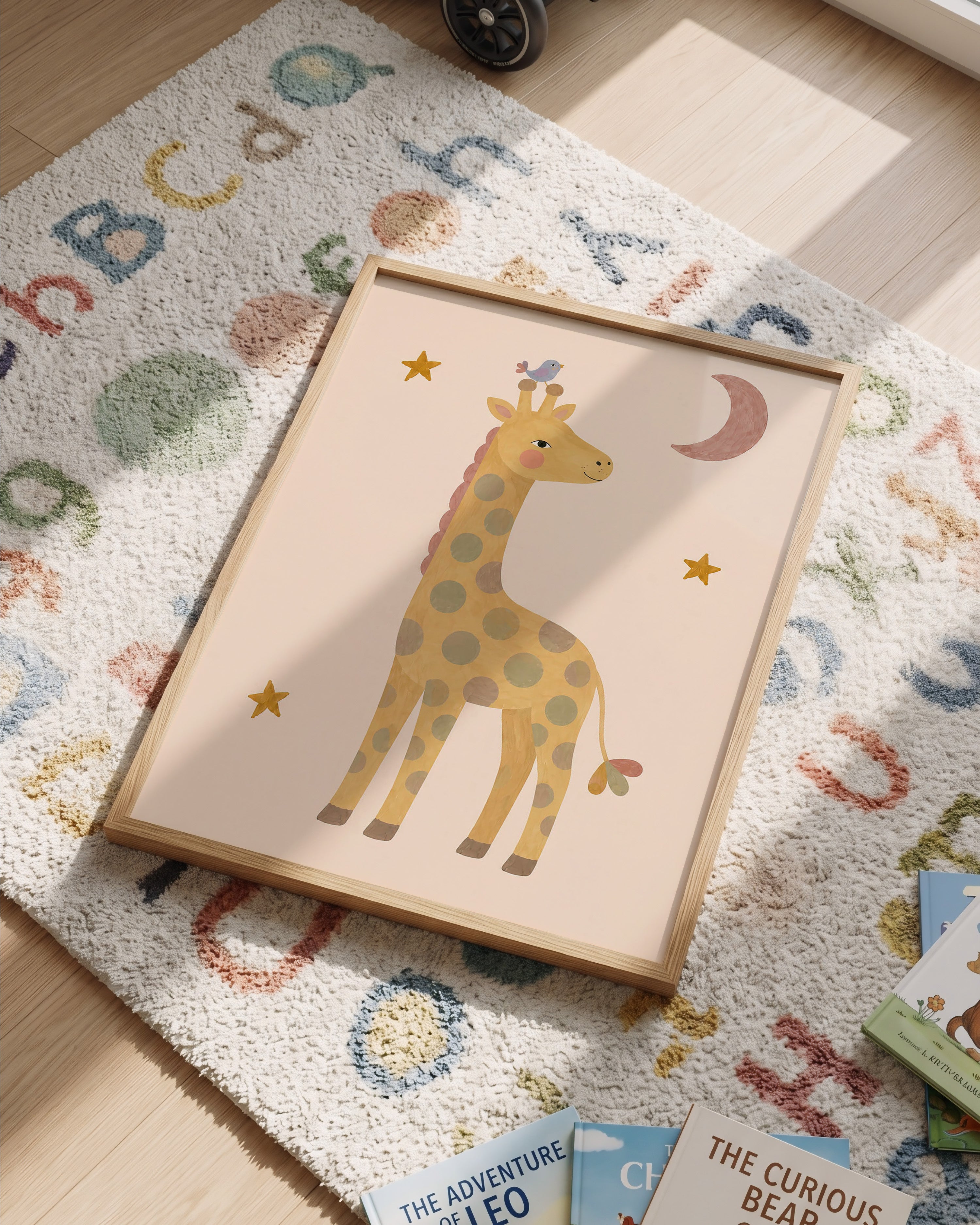 Jungle dierenposter met okergele giraf en klein blauw vogeltje