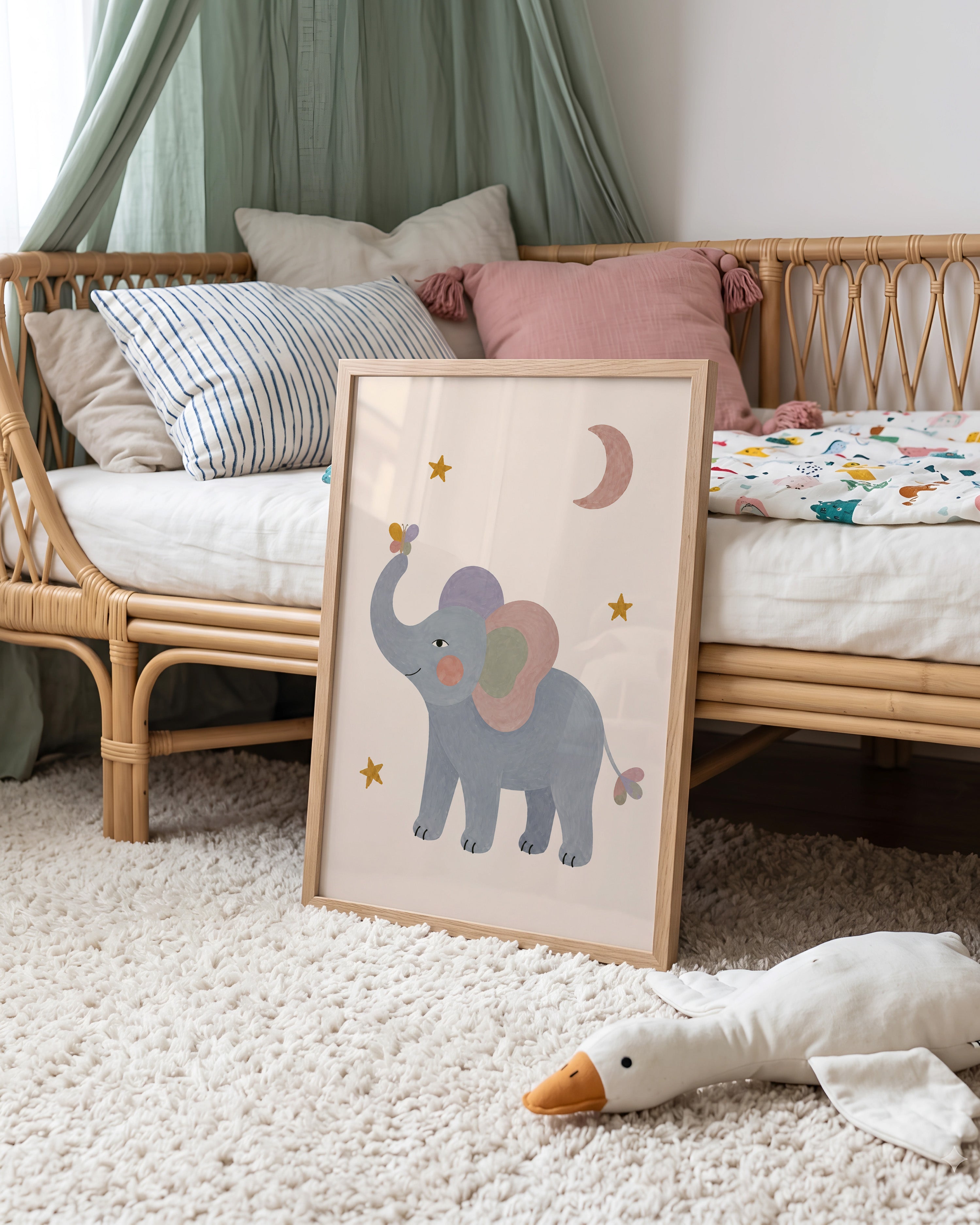 Jungle dierenposter met blauwgrijze olifant en kleurrijke vlinder