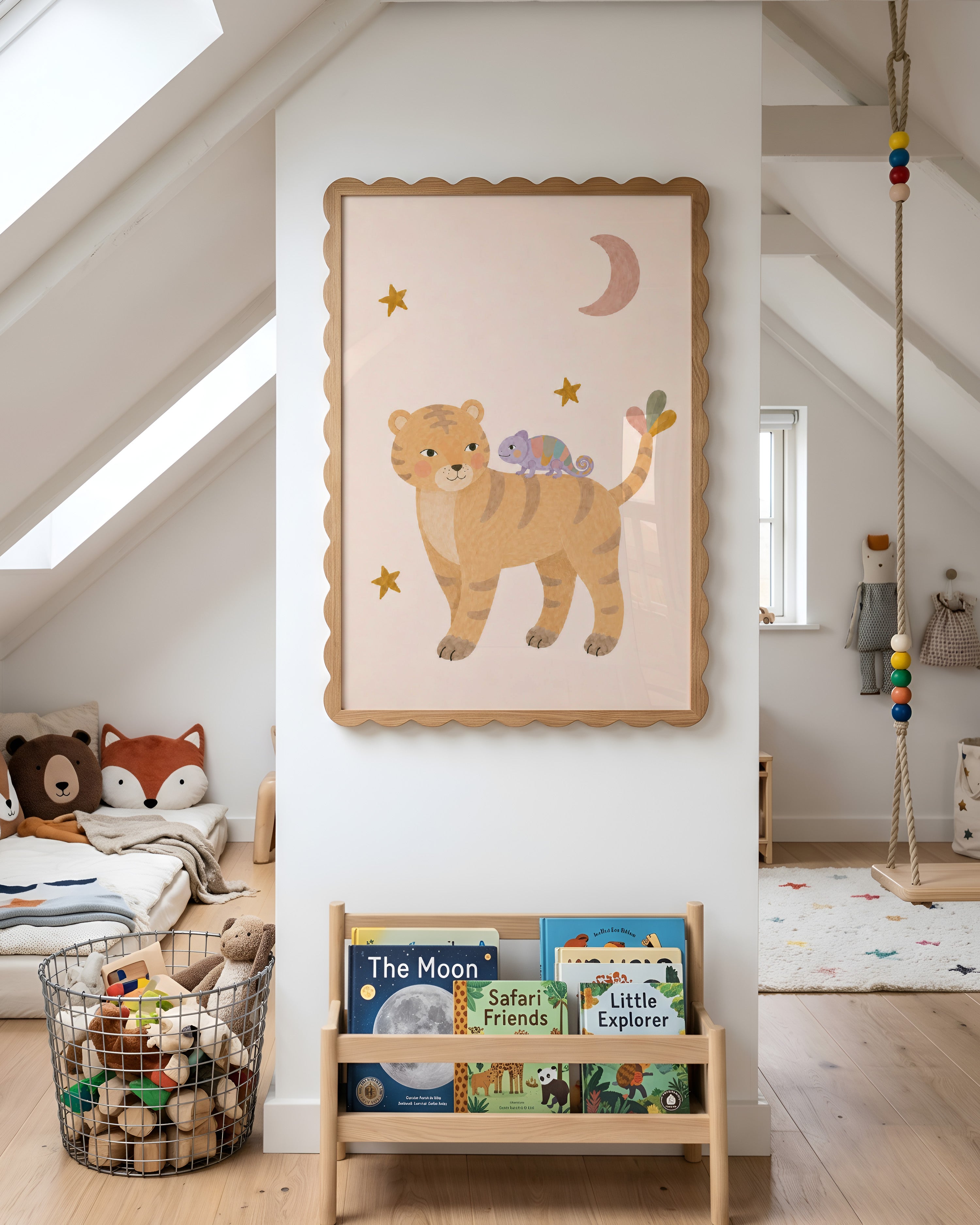 Jungle dierenposter met tijger en kleurrijke kameleon in zachte pasteltinten