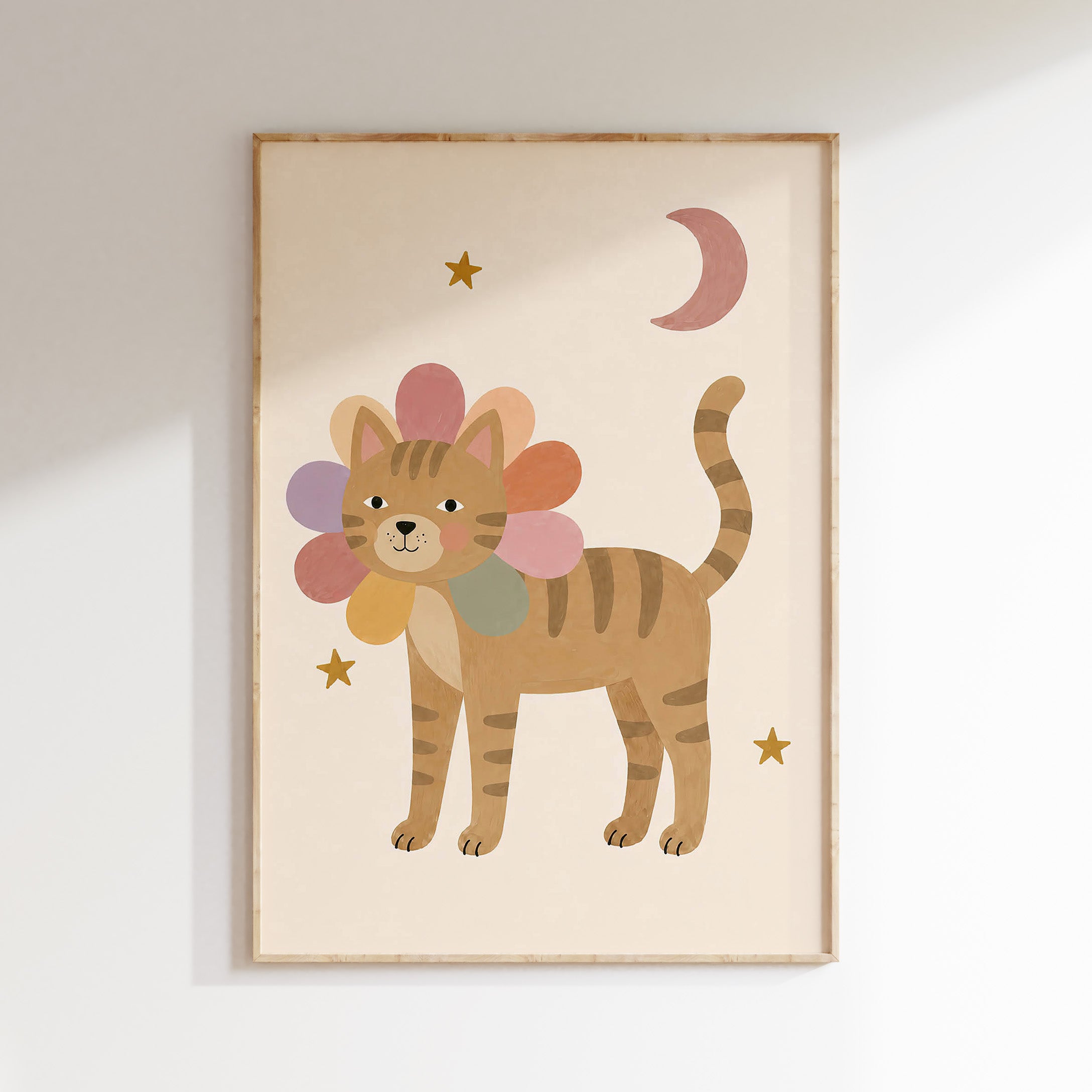 Kattenposter voor de kinderkamer met poes, bloemenkraag, maan en sterren