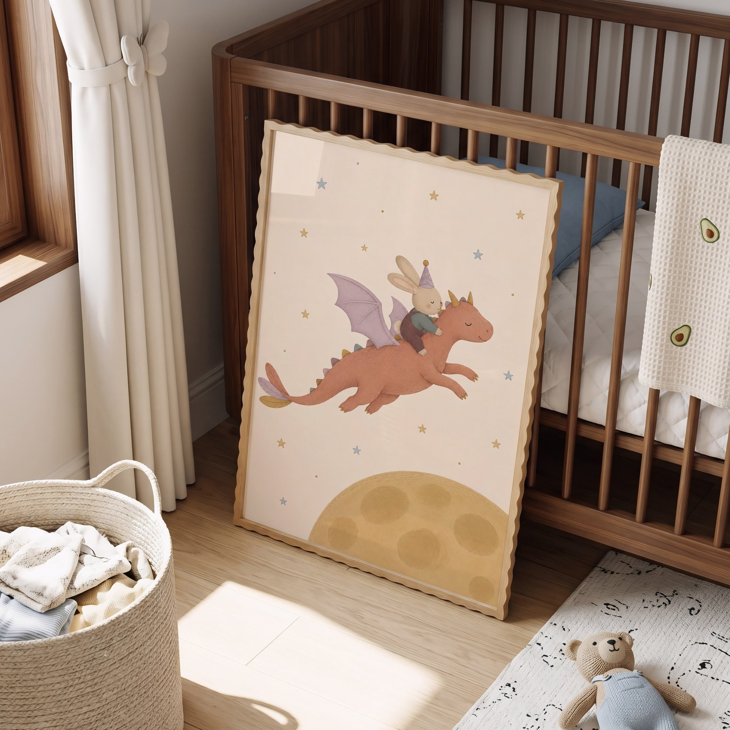 Kinderkamer poster met konijn op een vliegende draak tussen de sterren