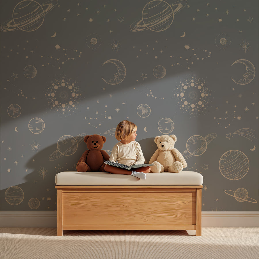 In de Ruimte denim behang als lambrisering bij een houten kinderbank
